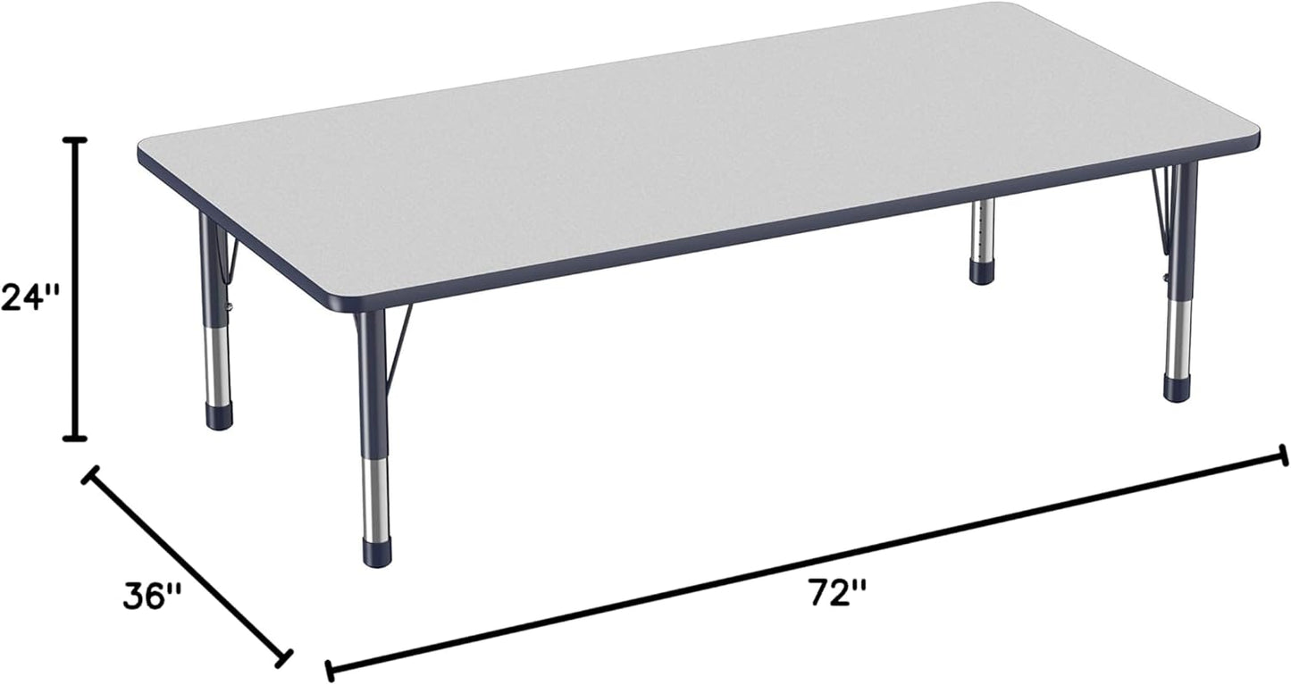 Factory Direct Partners FDP Rectangle Activity School and Classroom Kids Table (36 x 72 inch), Toddler Legs, Adjustable Height 15-24 inches - Gray Top and Navy Edge