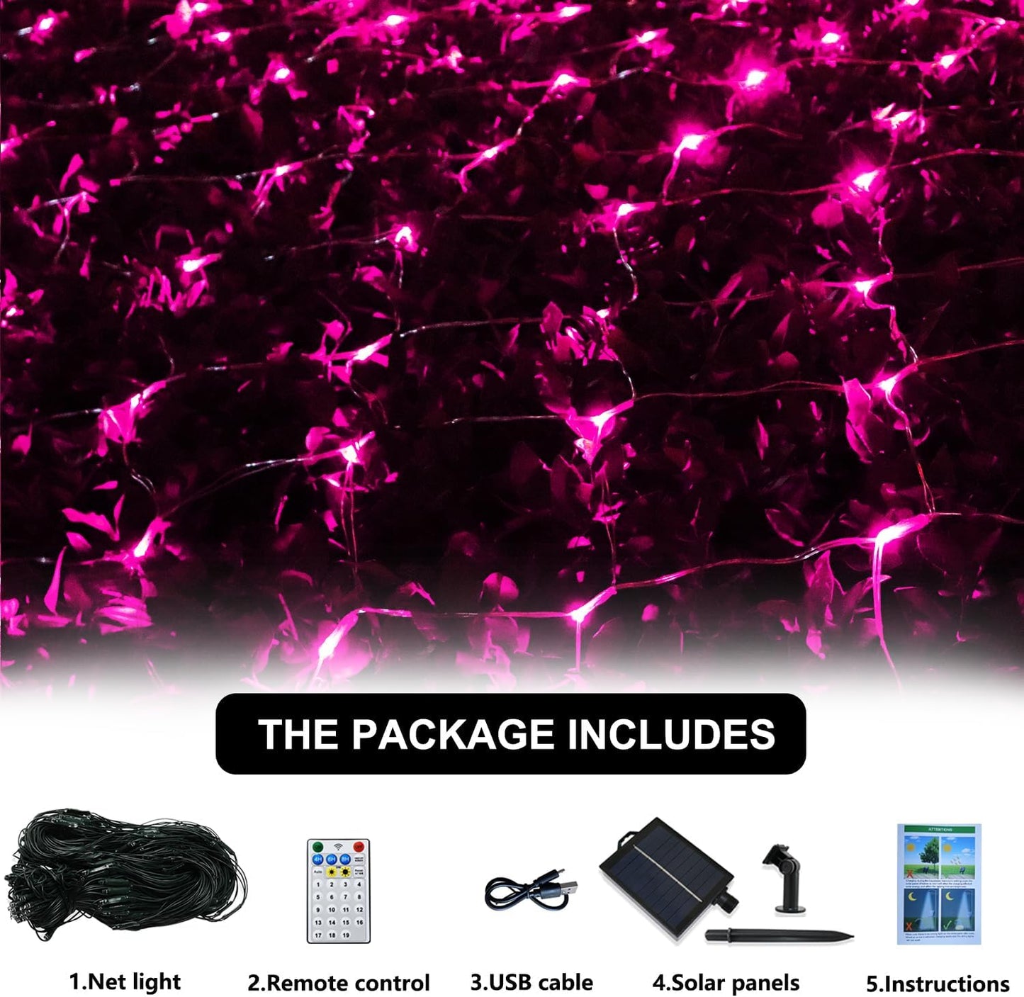 Solar Net Lights Pink Christmas Decorations, 200 LED Net Lights Outdoor Mesh Lights, Remote Control 19 Modes String Lights for Garden, Yard, shrubs, Trunk, Bedroom, Valentine’s Day Decor-9.8ft x 6.6ft