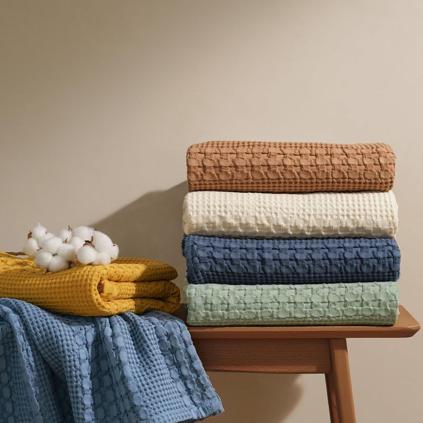 PHF 100% Cotton Waffle Weave Blanket Twin Size, Soft Lightweight Breathable Cozy Summer Blankets for Bed, Luxury Aesthetic Woven Bedding for Home Decor, 66"x90", Dark Navy