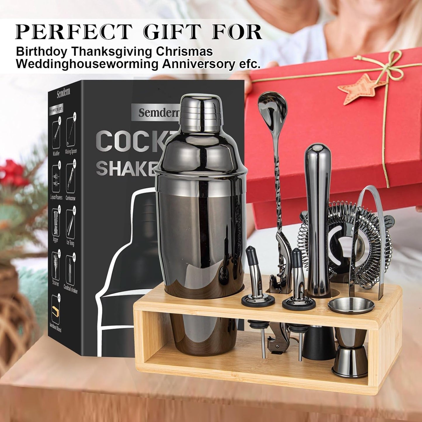 Cocktail Shaker Set, Mixology Bartender Kit 10-Piece Bar Tool Set with Stylish Bamboo Stand, Bar kit: Matini Shaker Mixing Spoon Muddler Jigger Cocksrew for Barware Set | Black