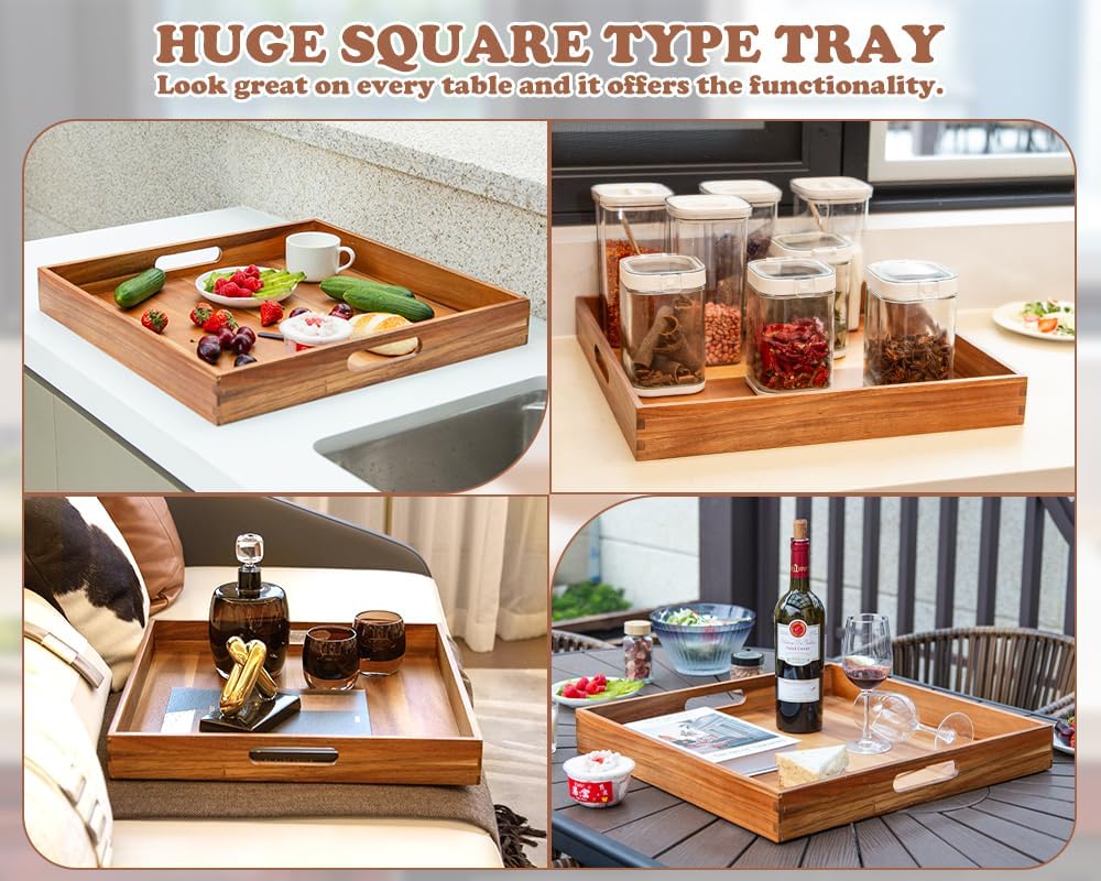 Large Ottoman Tray for Living Room, 20" Extra Large Tray for Ottoman Square Acacia Serving Trays with Handles for Coffee Table, Breakfast, Appetizers, Dinner