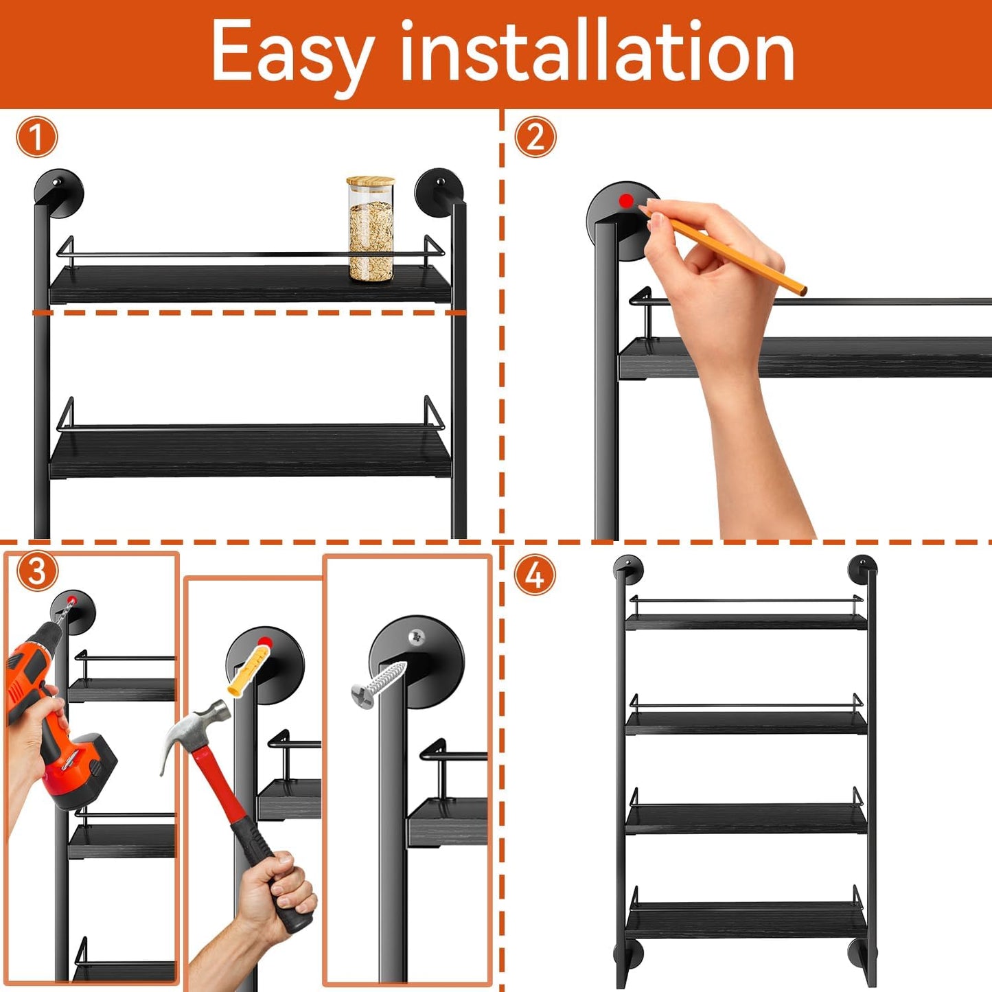 IBUYKE Spice Rack Wall Mount,4 Tier Hanging Seasoning Organizer, Spice Rack for Wall for up to 50 Jars,Spice Organization for Kitchen Cabinet,Living Room,Bathroom,Pantry,Black UTLJ016B