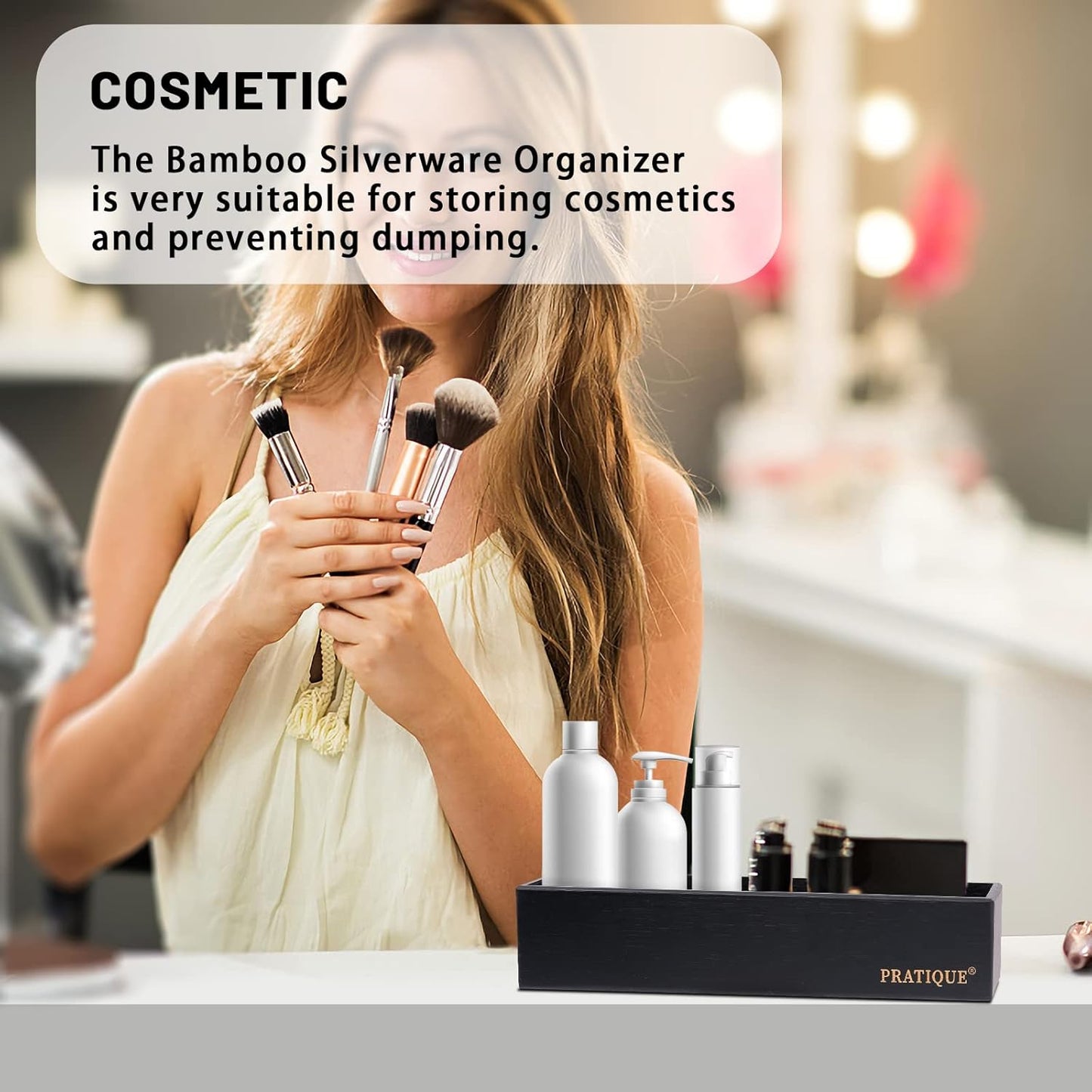 Bamboo Drawer Organizer - Kitchen Utensil Organizer Silverware Tray Cutlery Holder,Office Desk Supplies and Accessories,5.9 * 3 * 2.6inch,Black