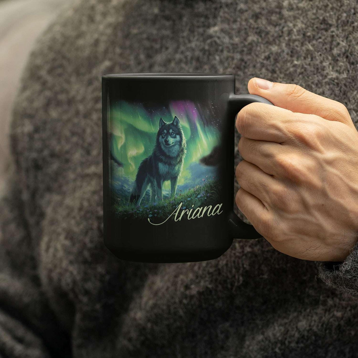 Personalized Husky With Northern Lights Coffee Mug, Custom Name Black Cup 11oz 15oz, Customized Cute Husky Dog Ceramic Mug, Gift For Animal Lovers, Beautiful Landscape Keepsake Cup