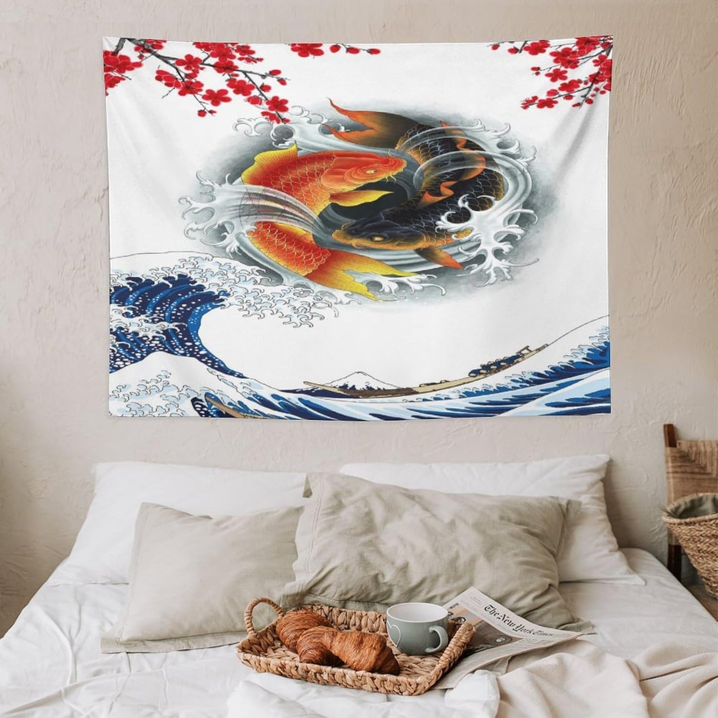 Houselerax Koi Fish Tapestry, Japanese Style Yin Yang Big Wave Cherry Blossoms Tapestries Wall Hanging for Bedroom Living Room Office Decor 40"x30"
