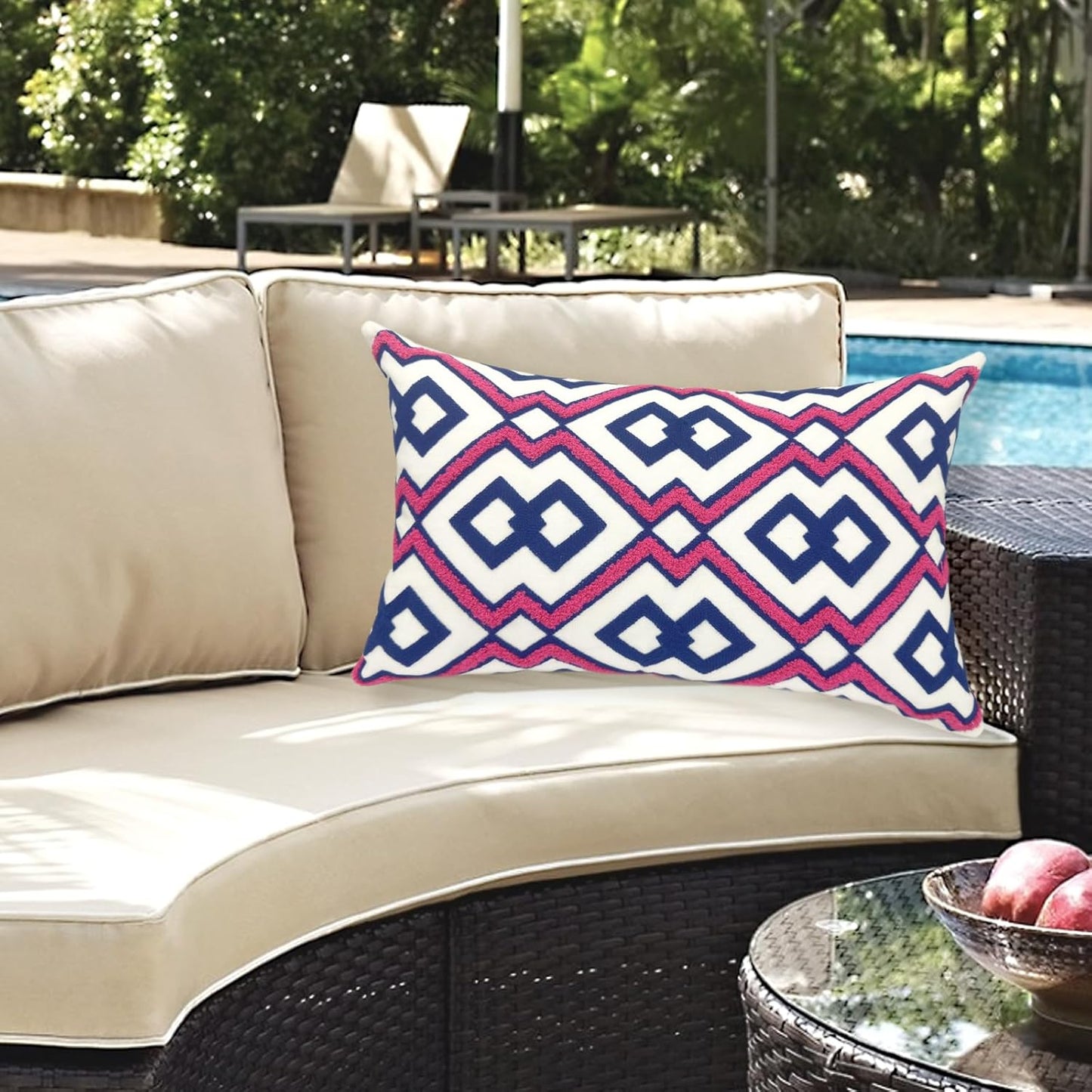 Alysheer Embroidered Lumbar Decorative Throw Pillow Cover 12"x 20", Classic Boho Geometric Embroidery Pattern Cotton Rectangular Cushion Case for Sofa Couch Living Room Bedroom(Blue Pink)