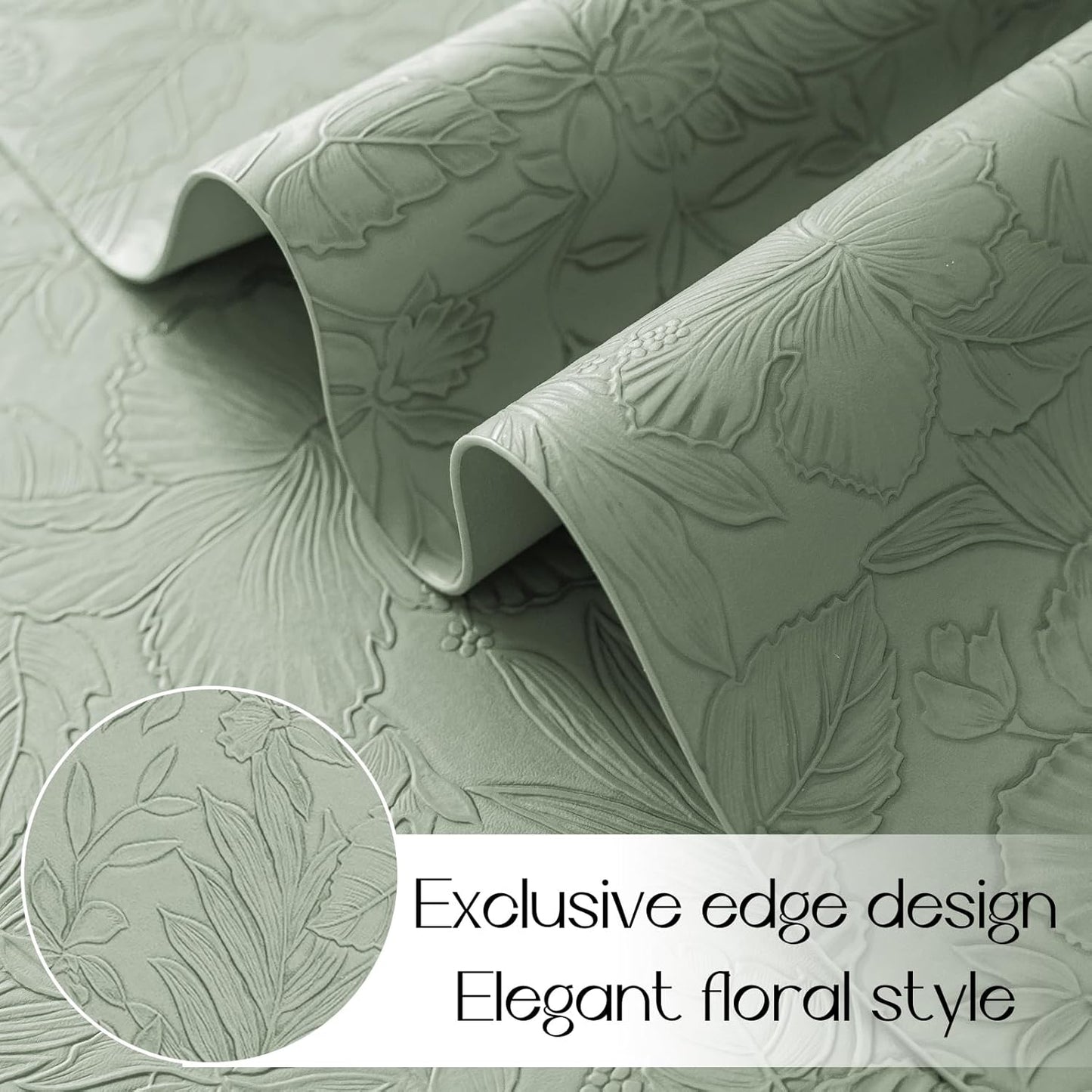 Romanstile Vinyl Placemats Set of 4-12 X 18 Inch - Heat Resistant Non-Slip Embossed Floral Place Mats 100% Waterproof Oilproof Wipeable Faux Leather Table Mats for Kitchen/Dining/Party, GrassGreen