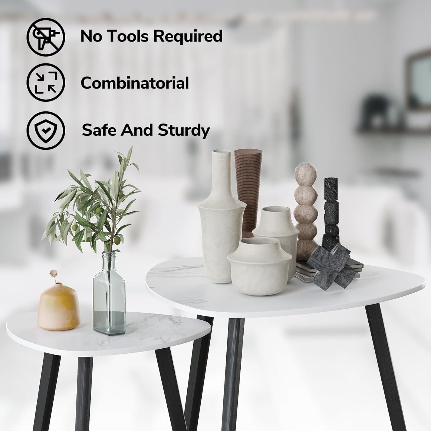 BAMEOS Bamboo Nesting Triangle End Table,Set of 2 Coffee Table Modern Minimalist Side Table for Living Room (Marble White)