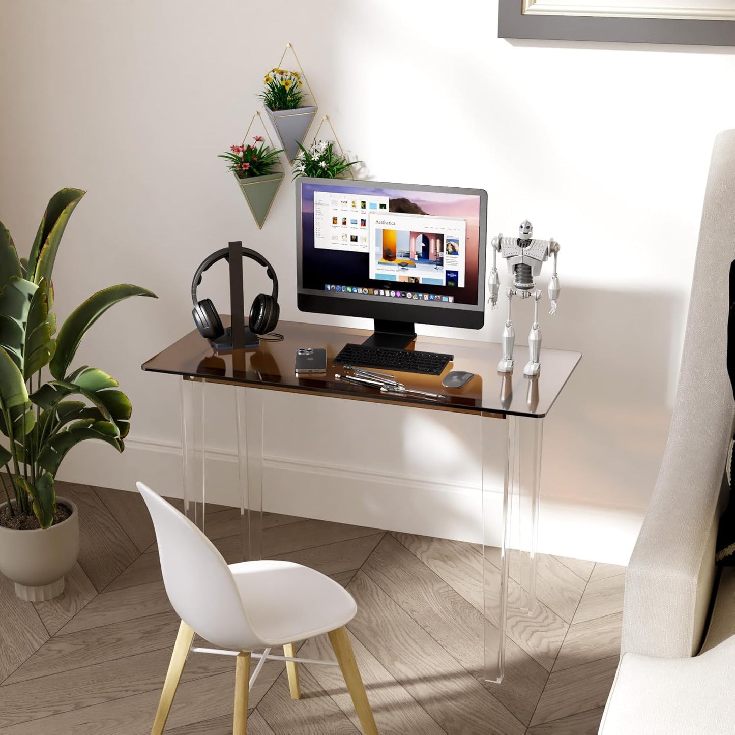 Acrylic Desk, Modern Study Table for Home Office - Extended Surface Multi-Purpose Console & Entryway Table, Sturdy Lightweight Design (42.5-inch, Yellowtea)