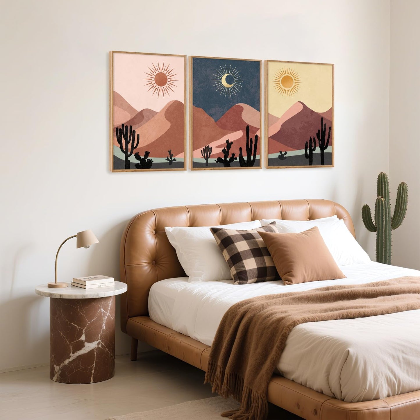 HPNIUB Boho Desert Framed Canvas Wall Art Set, Abstract Sun Moon Art Prints, Modern Cactus Paintings Artwork, Mid Century Southwestern Landscape Wall Decor for Living Room, Bedroom, Office-16 x24 x3