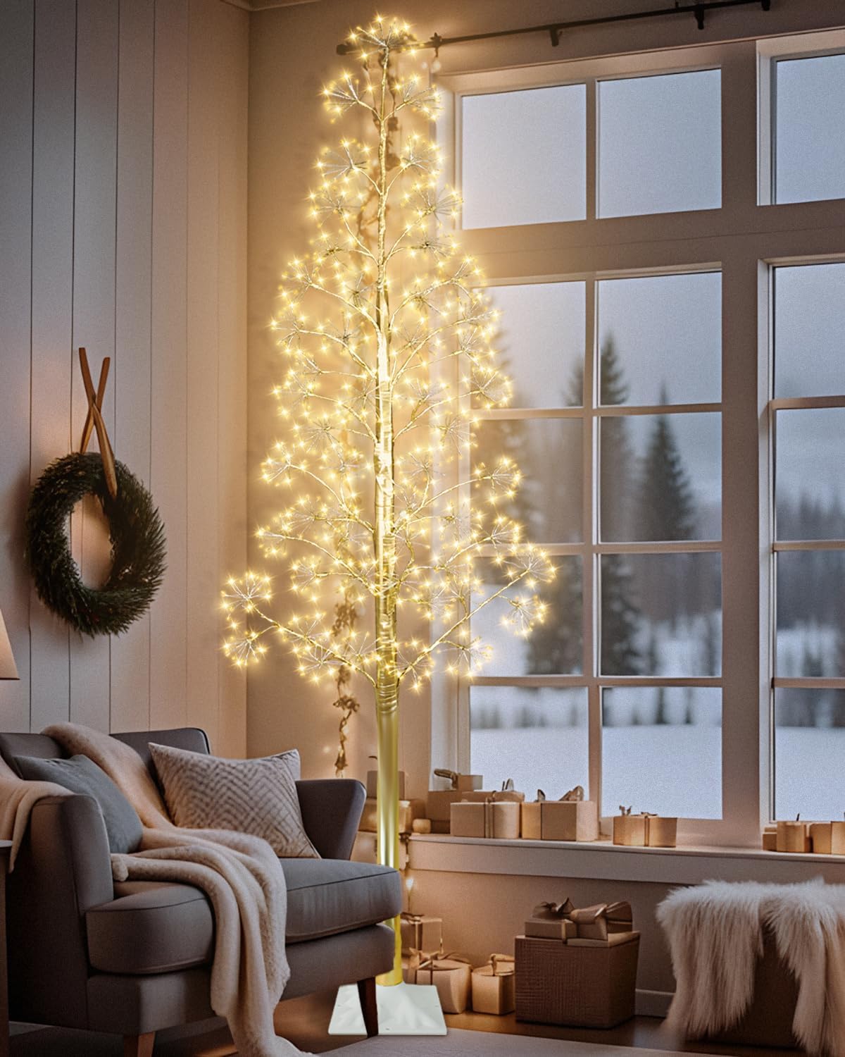 8FT Lighted Birch Tree Christmas Artificial Twig Tree with 1020 LED Lights Timer 8 Mode Xmas Tree for Holiday Party Wedding Indoor Outdoor Decor