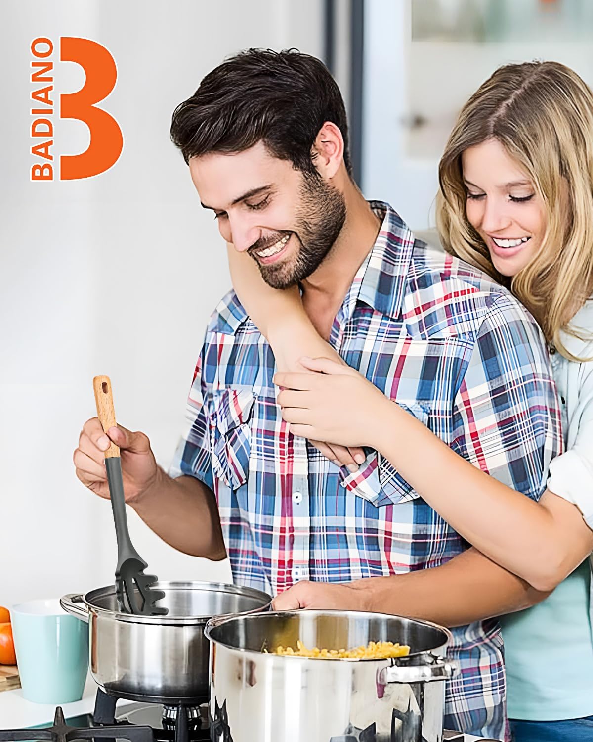 Silicone Pasta Fork, Kitchen Heat Resistant Noodle Spoon Server, BPA Free Spaghetti Strainer,12.8 inch (Grey)