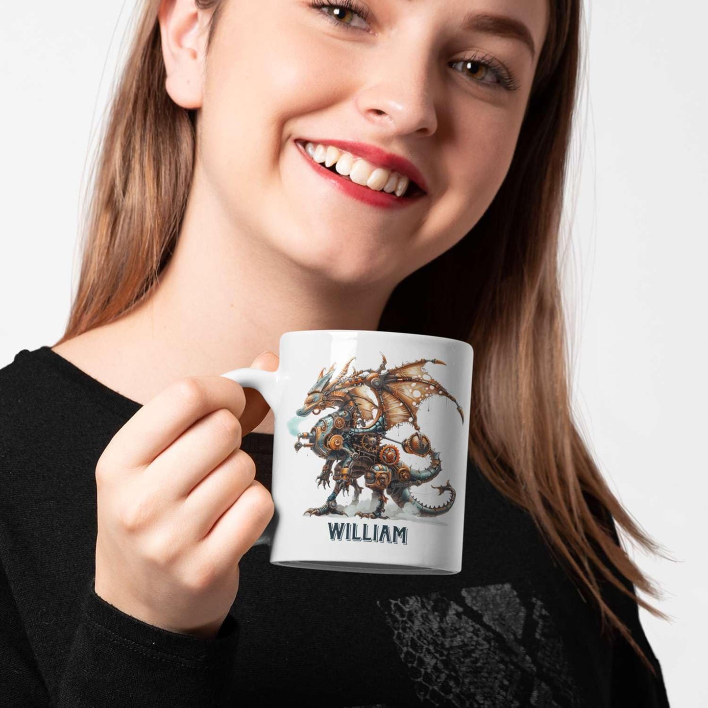 Personalized Name Dragon Lover Ceramic Mug 15oz, Custom Mechanical Dragon Design Coffee Cup, Unique Dragon Mug Gift For Fantasy Enthusiasts, Customized Kid Cup On Birthday, Holiday