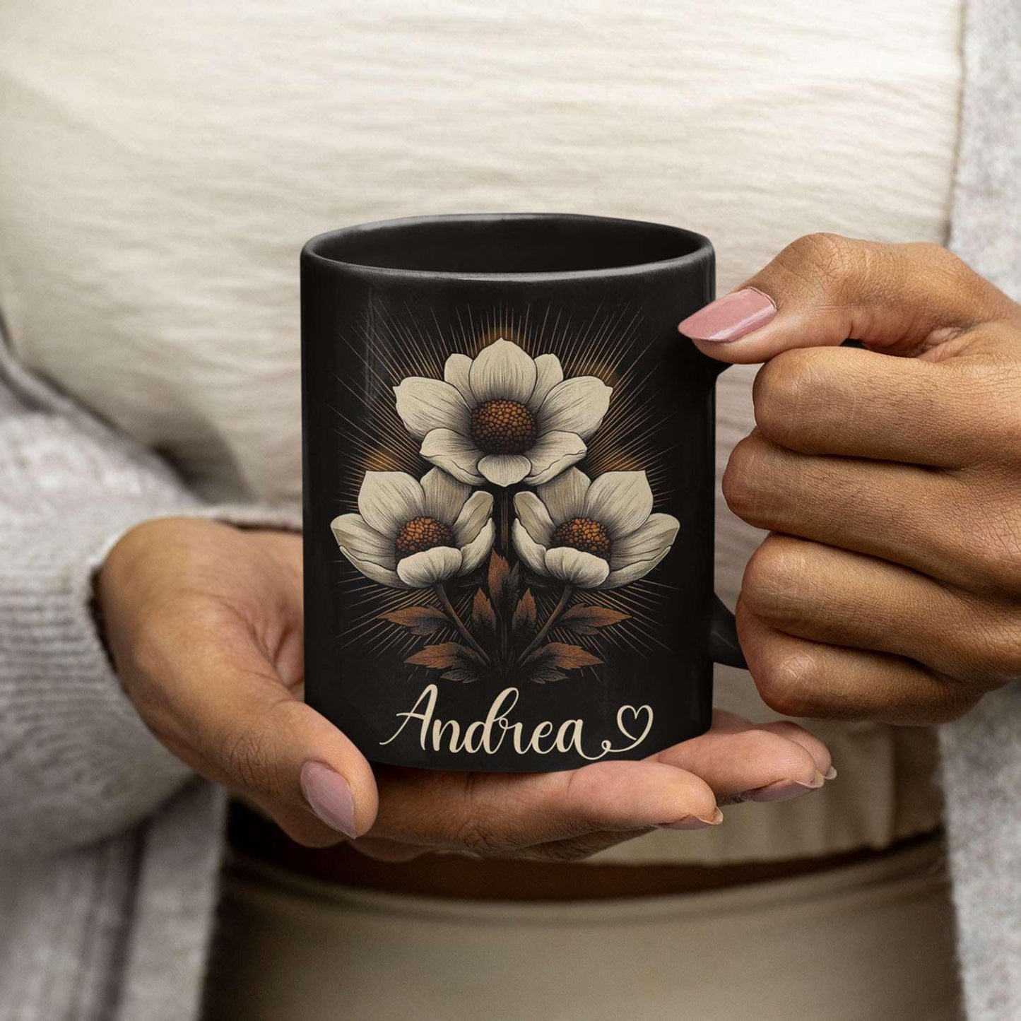 Personalized Nature Inspired Coffee Mug, Custom Name Black Cup 11oz or 15oz, Elegant Flower Ceramic Mug for Gardeners, Custom Floral Themed Coffee Cup, Gifts for Flower Lovers