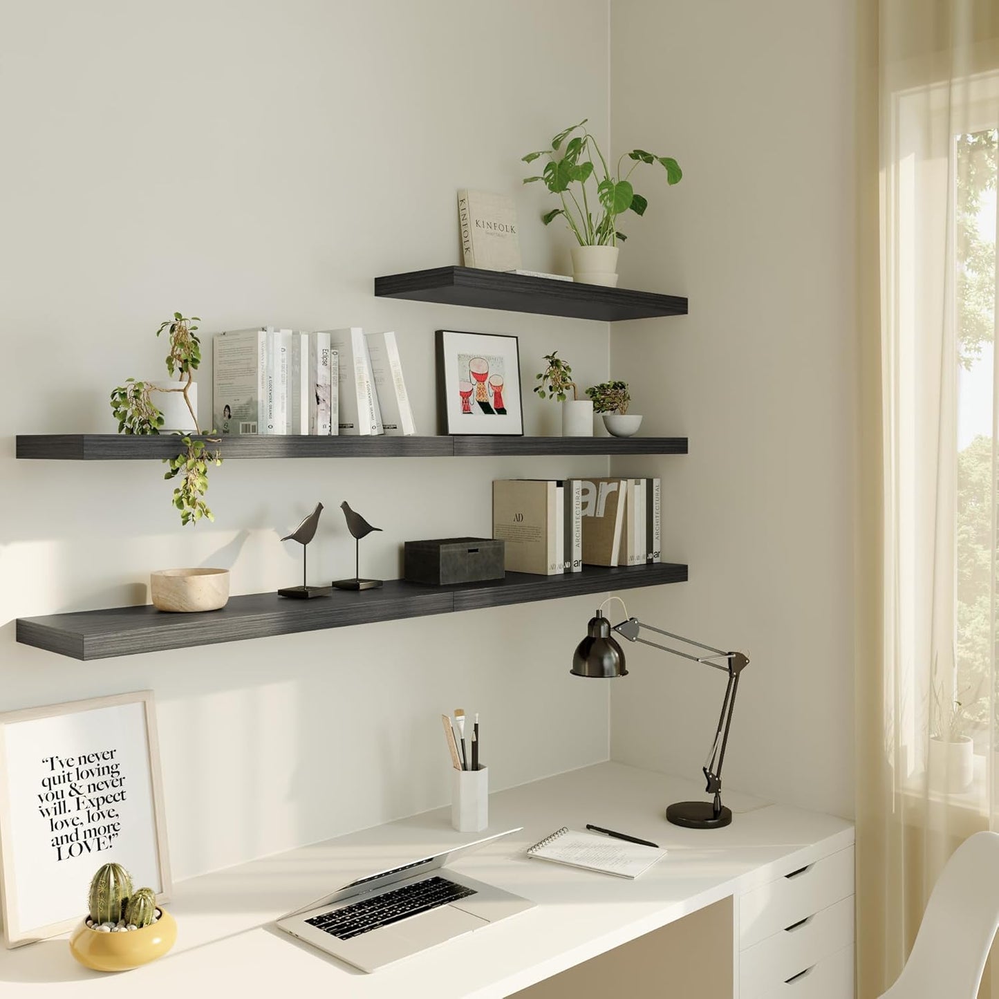 Large Floating Shelves for Wall Set of 2 Wooden Wall Shelves 24 in x 12.75 in x 2 in Room Decor Long Shelf with Invisible Wall Mount Bracket for Bedroom Kitchen Living Room Black Wood