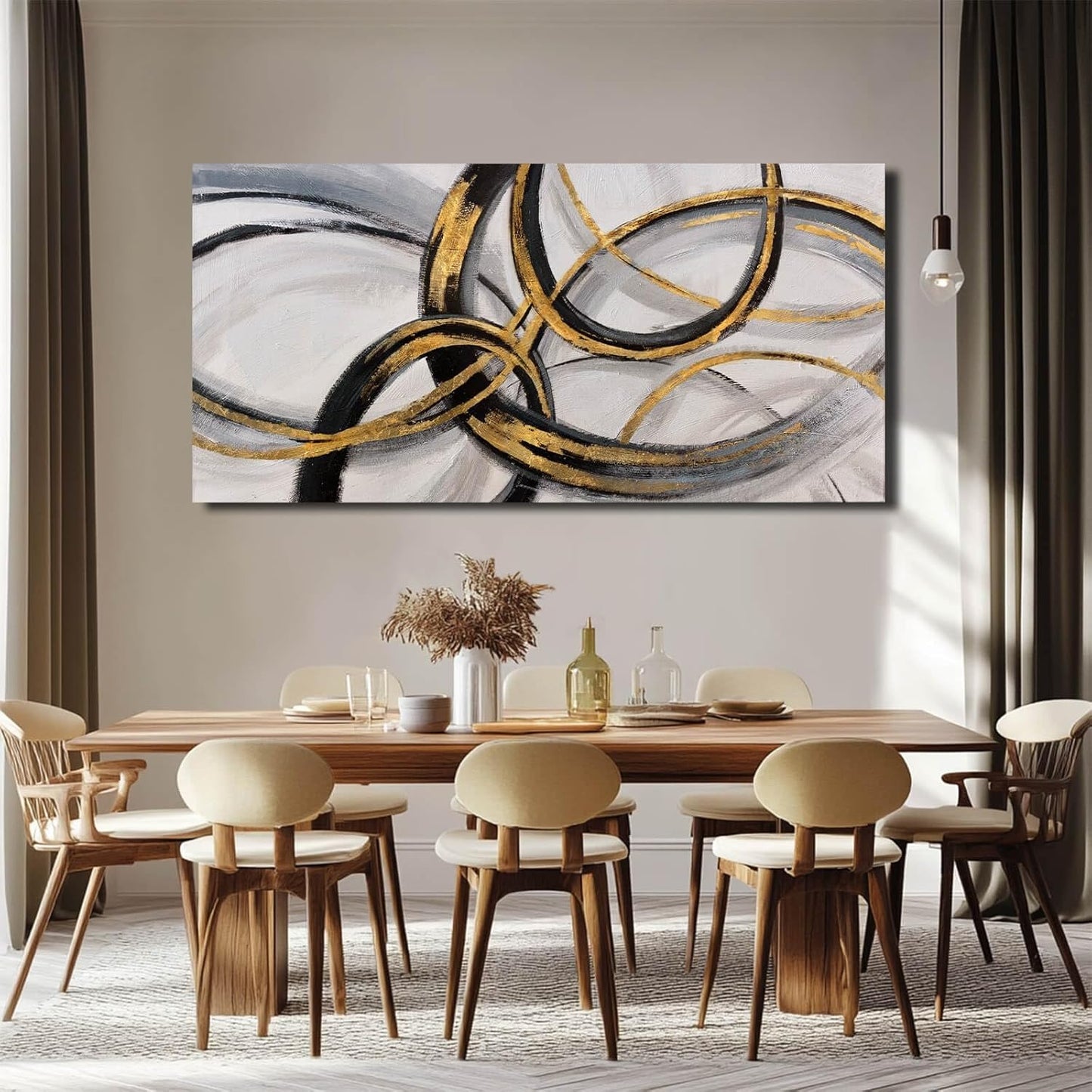 SOUGUAN Living Room Decor for Wall Abstract Wall Art 30x60in Black and Gold Wall Art Round Ring Wall Decoration for Bedroom Dining Room Home Office Ready to Hang