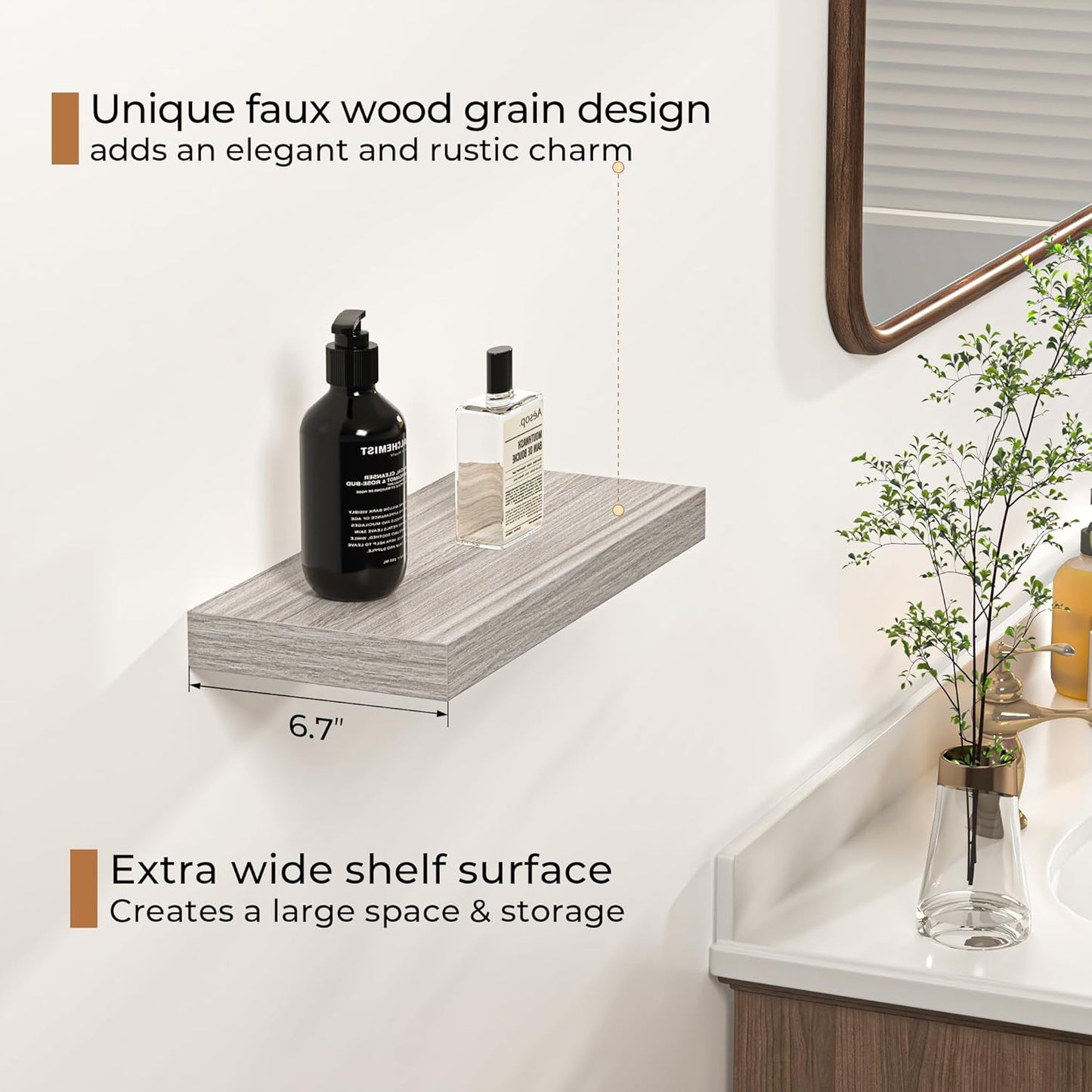 Floating Shelves - Rustic Grey Storage Shelf Set of 2 - 16 Inch Wall Mounted Shelves for Wall Decor & Storage - Wooden Shelves with Invisible Brackets for Living Room, Bedroom, Kitchen, Farmhouse