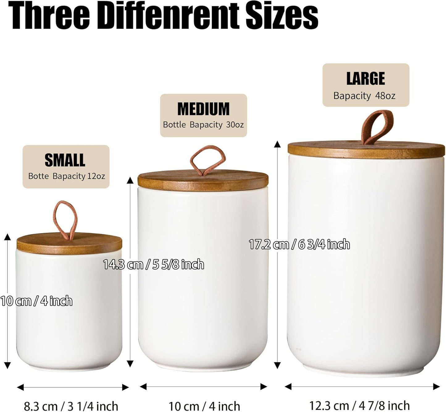 White Canister Sets for Kitchen, 3pcs Ceramic Canisters with Airtight Wooden Lid, Food Storage Jar, Large Kitchen Storage Containers for Serving Coffee Beans, Tea, Sugar, Salt, Spices