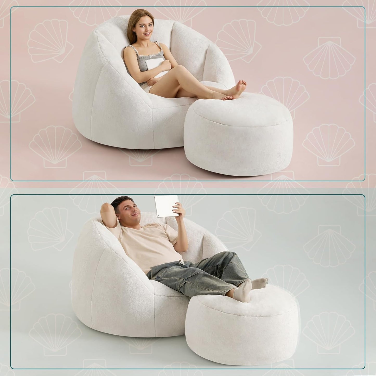 Giant Bean Bag Chaise Lounge Indoor Chair for Adults - Comfy Plush Round Shell Soft Accent Chair, Oversized Cozy Floor Sofa for Living Room, Bedroom & Game Rooms, Beige