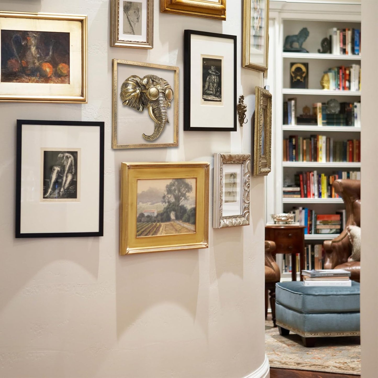 Animal Heads Wall Decor (Includes Metal Frame) Resin Animals Sculptures Head Wall Hanging Decoration Gold vintage Wall Sculpture for Living Room Bedroom Office (Elephant)