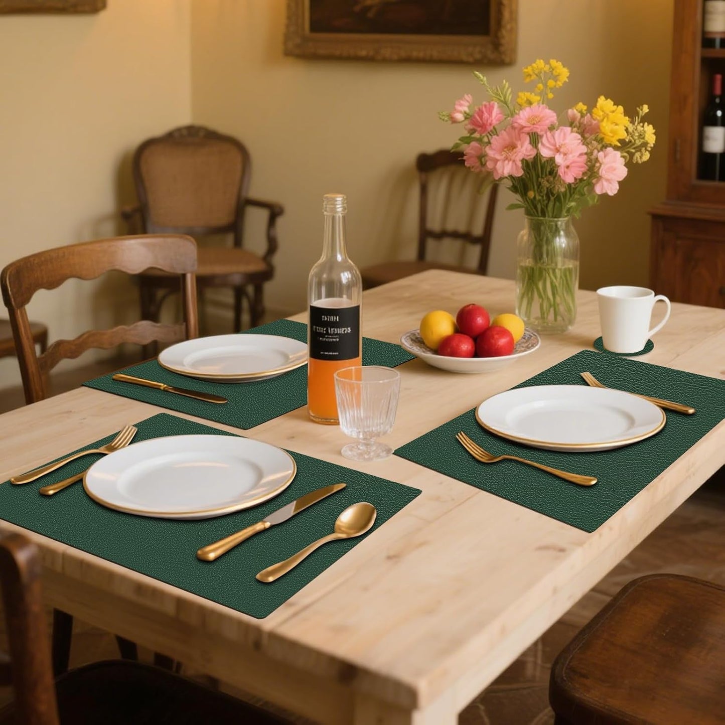 Placemats and Coasters Set of 6, Waterproof、Oil-Proof Wipeable、Anti Slip PVC Leather Place Mats, Heat Resistant Reversible Table Mats for Kitchen, Dining, Outdoor 17’’×12’’, (Dark Green)