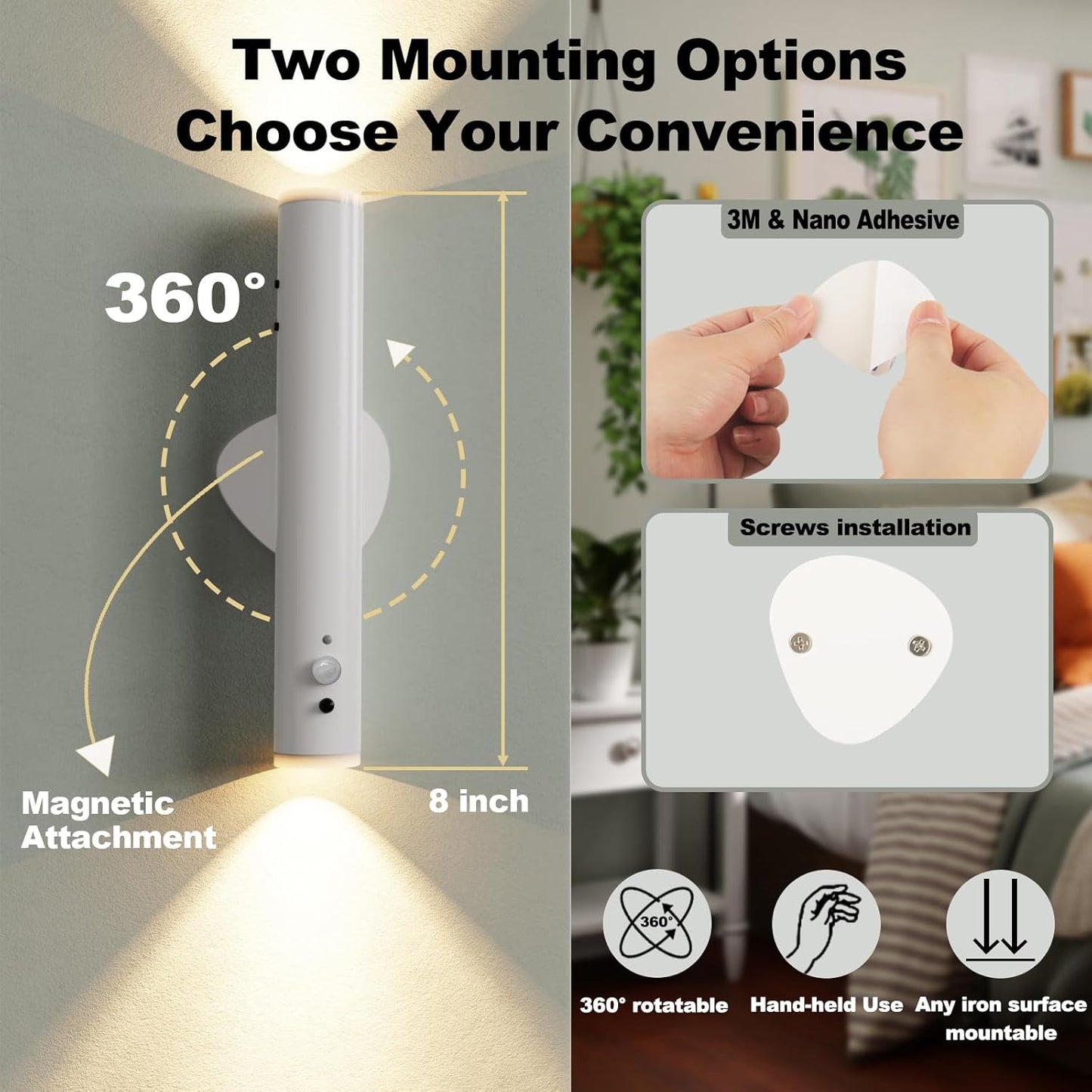 Rechargeable Wall Sconces | Dimmable LED Cordless Lamp with Remote, Motion Sensor, Metal Body | Battery Operated Lights for Decor, Night Light Indoor, Hallway, Bedroom, 1pcs