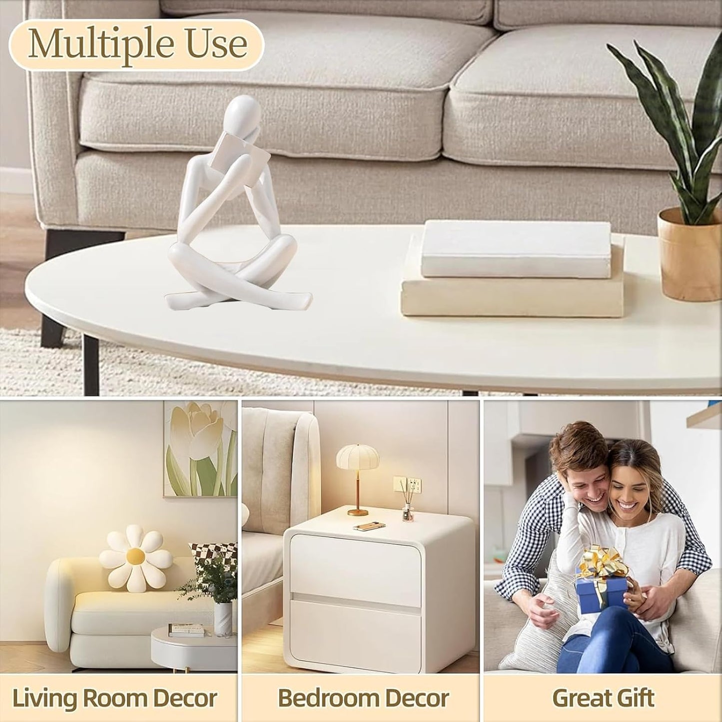 Bookshelf Decor Thinker Statue - Abstract Style Thinker Sculptures Modern Aesthetic Figurine Decoration Statues for Home Decor-Right Thinking-White