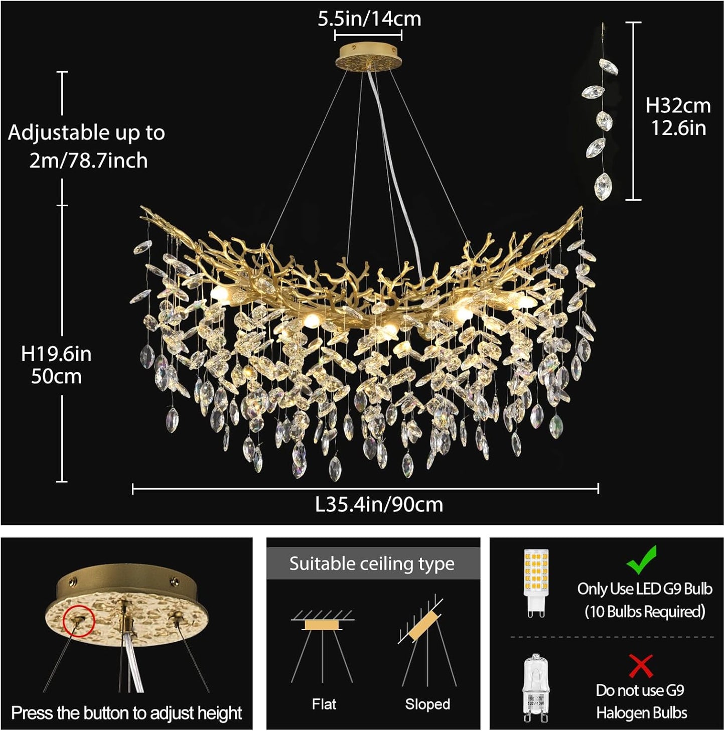 Modern Crystal Gold Chandelier, 36" Large Rectangular Oval Tree Branch Crystal Chandeliers for Dining Room,16-Light Flush Mount K9 Crystal Chandeliers, for Kitchen Island,Dining Room