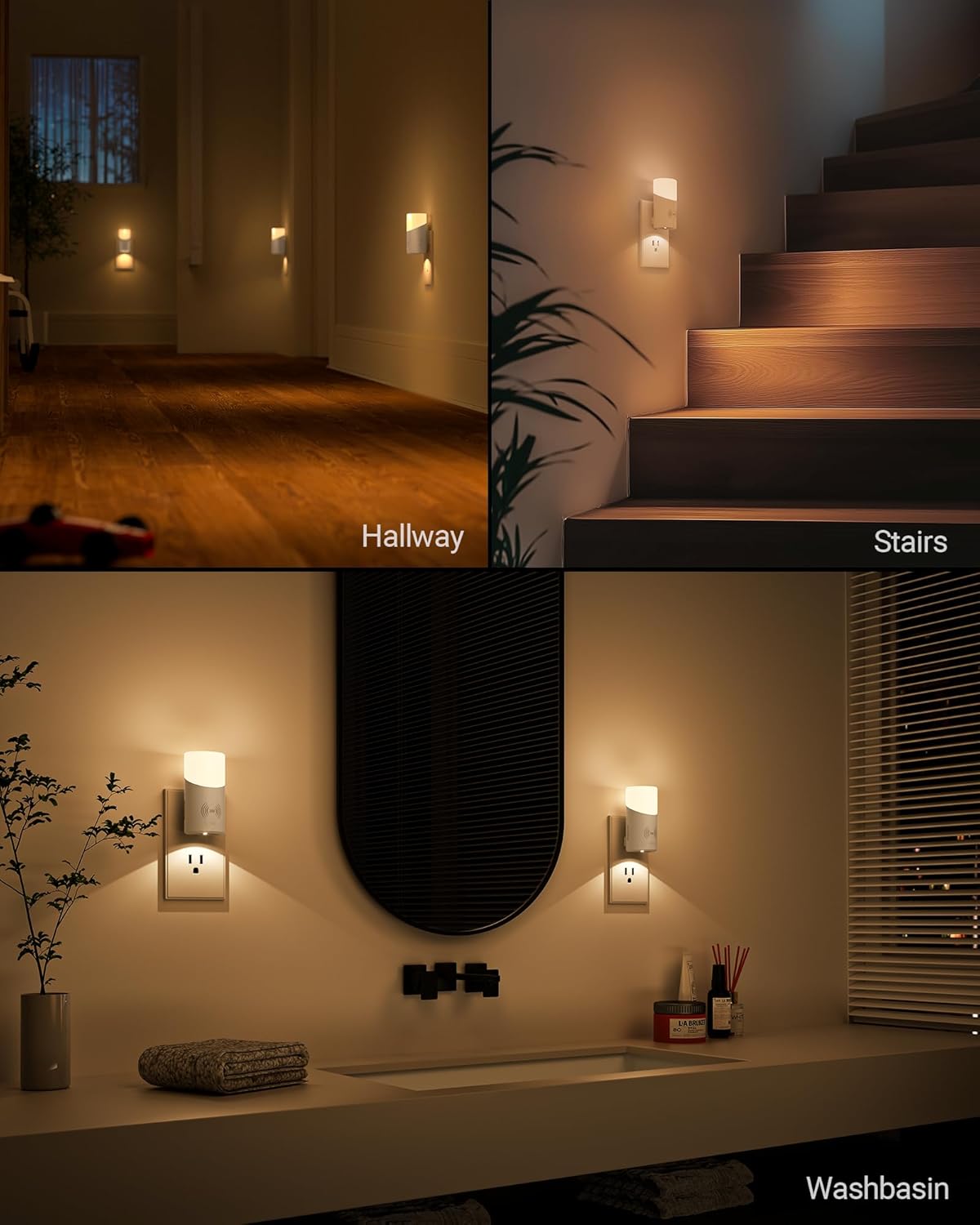 Lyridz LED Plug-in Night Light with 360° Motion Sensor, 1-150 Lumens Dimmable Nightlights Indoor for Bathroom, Bedroom, Hallway, Stairs, Pet House, 2 Pack