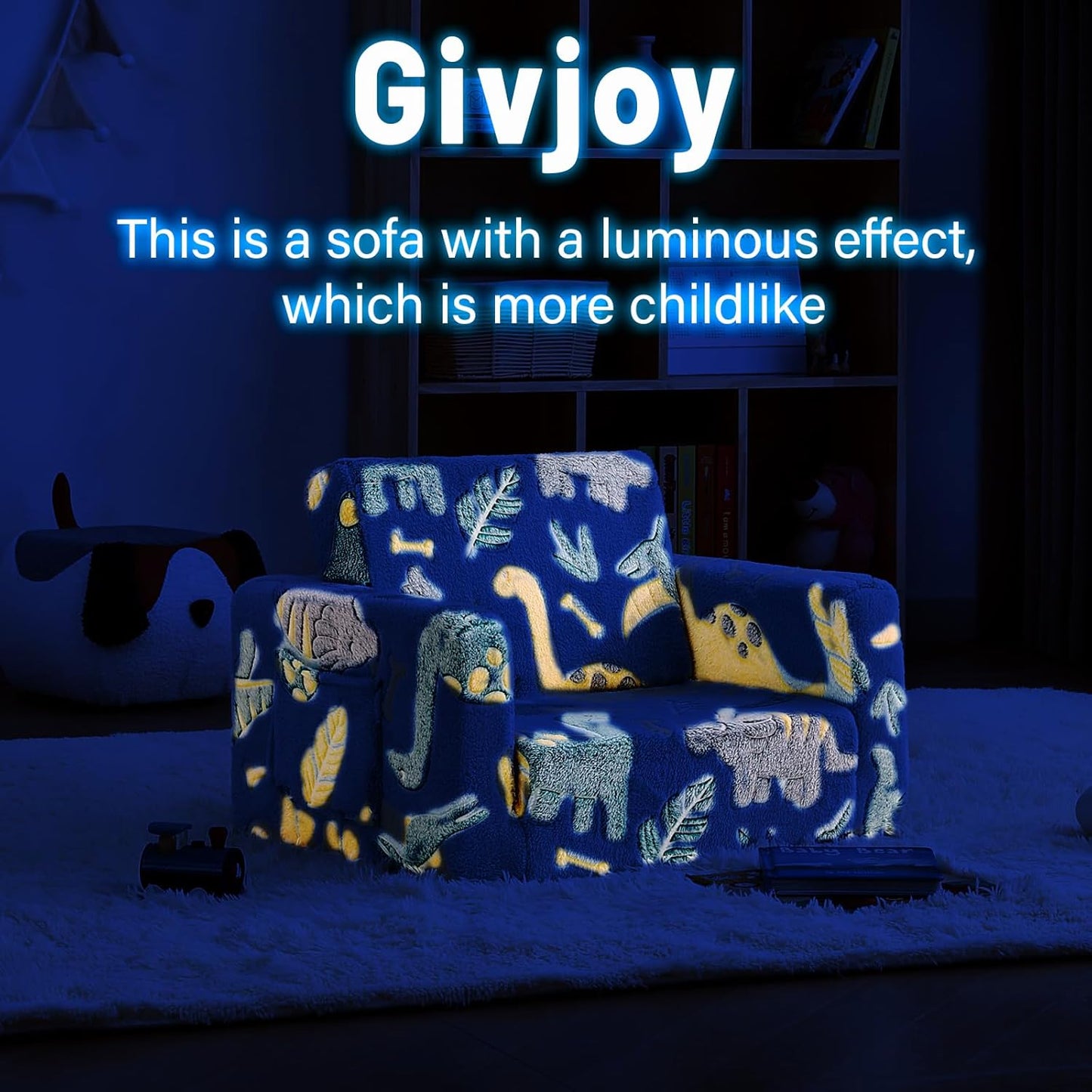 Toddler Chair Kids Couch, 2-in-1 Toddler Soft Sherpa Couch Fold Out Armchair Glow in The Dark with Removable Cover, Convertible Reading Chair Sofa for Kids, Plush Green Dinosaur