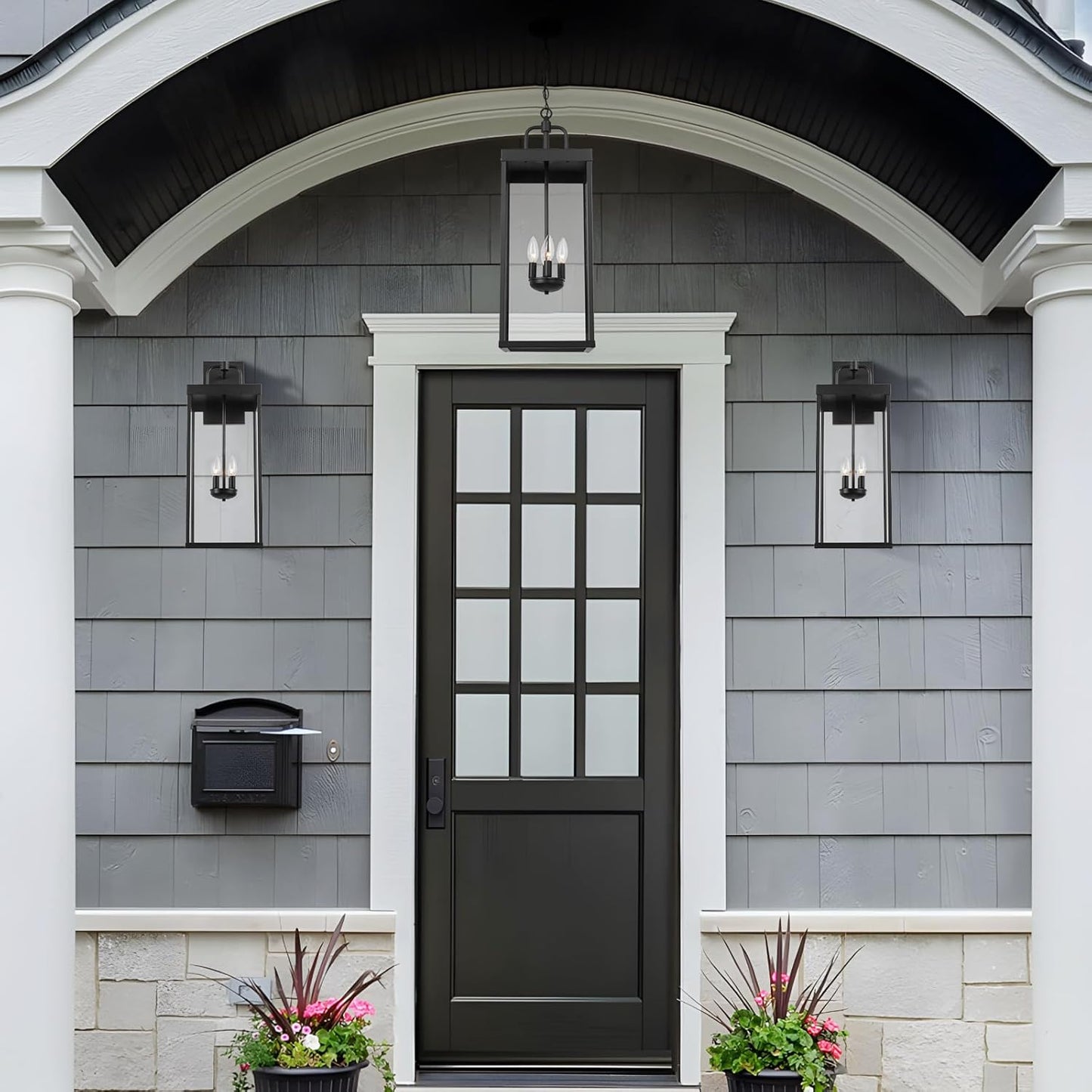 Large Outdoor Pendant Lantern Light Fixture for Front Porch, 28 Inch 4-Light Black Exterior Hanging Chandelier with Clear Glass, Outdoor Indoor Pendant Lamp for Patio, Gazebo, Entryway, Doorway