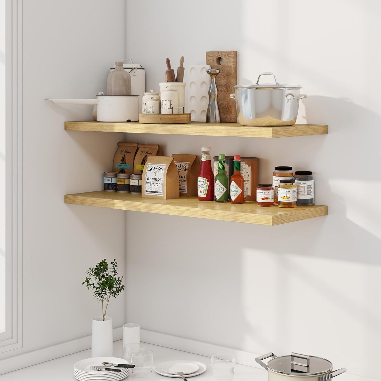 40" Floating Shelves for Wall, 12" Deep Slim Oak Floating Shelves, Wall-Mounted Shelves for Bedroom, Living Room, Kitchen, Bathroom - Set of 2