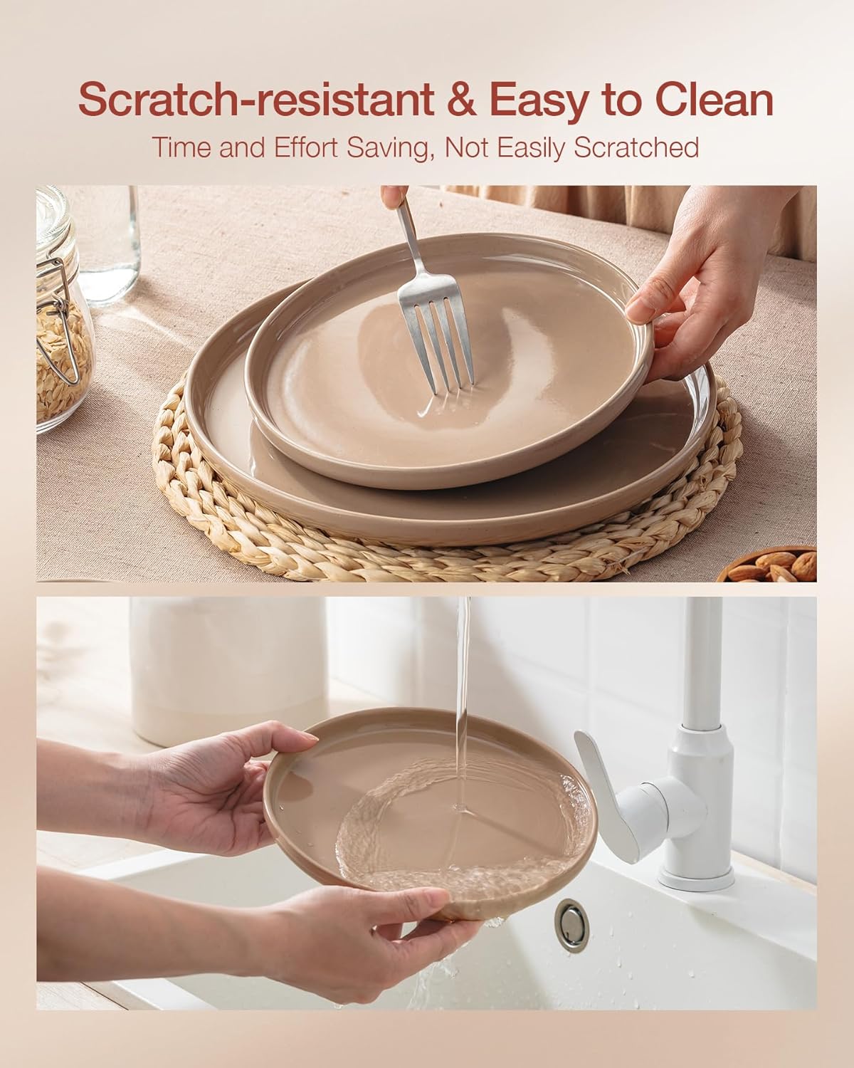 Famiware Milkyway Plates and Bowls Set, 12 Pieces Dinnerware Sets, Dishes Set for 4, Cinnamon Brown