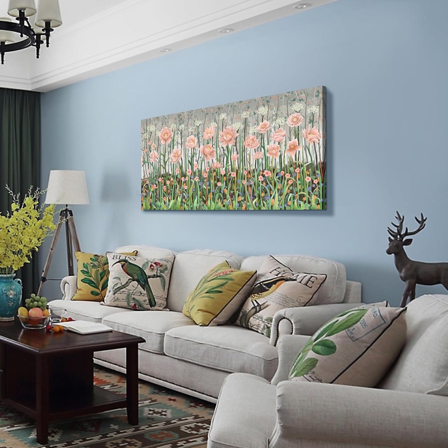 amatop Large Floral Wall Art Modern Abstract Flower Field Canvas Picture Botanical Artwork Rustic Wall Decor for Living Room Bedroom Pink Green Blooming Wildflower Forest Nature Art Print 48x24in