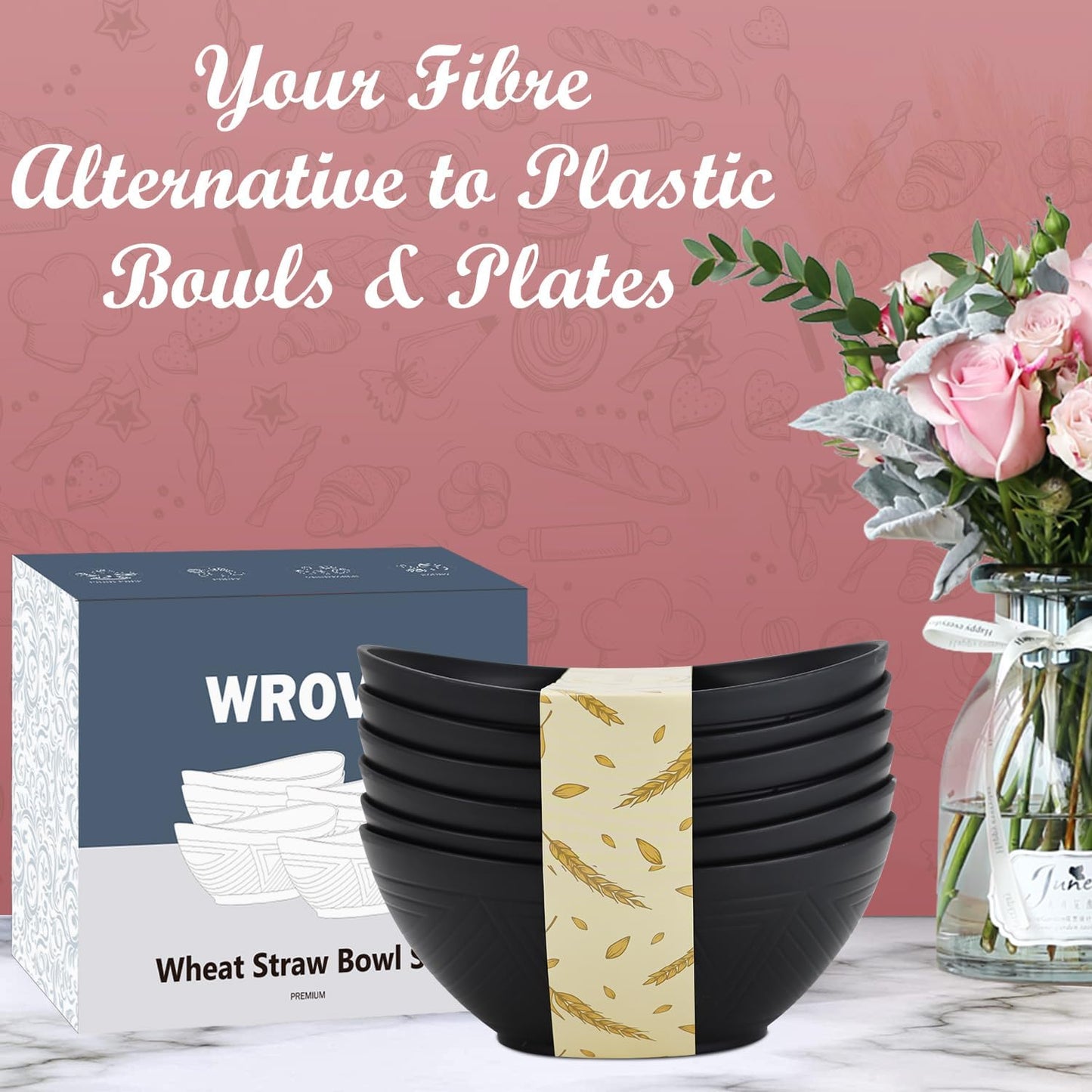 65oz Big Wheat Straw Bowls - Large Salad Bowls set of 6 - Unbreakable Serving Bowls - Microwave & Dishwasher Safe - Oval Bowls for Cereal,Salad,Fruit - Pure Black