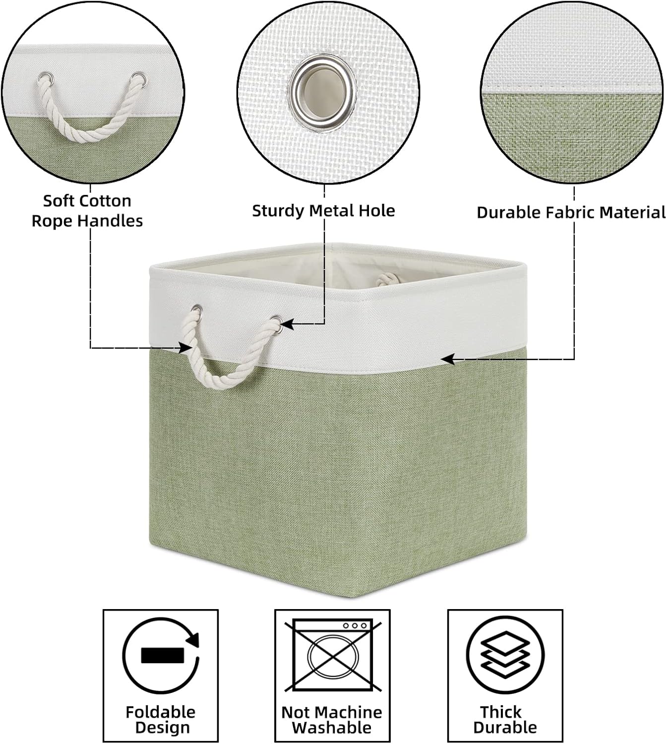 Bidtakay Cubby Storage Bins Set of 3 Fabric Baskets for Shelves Closet Drawer Organizer Storage Cubes 13x13 Collapsible Organization Baskets for Nursery Toy Shelf (White&green)