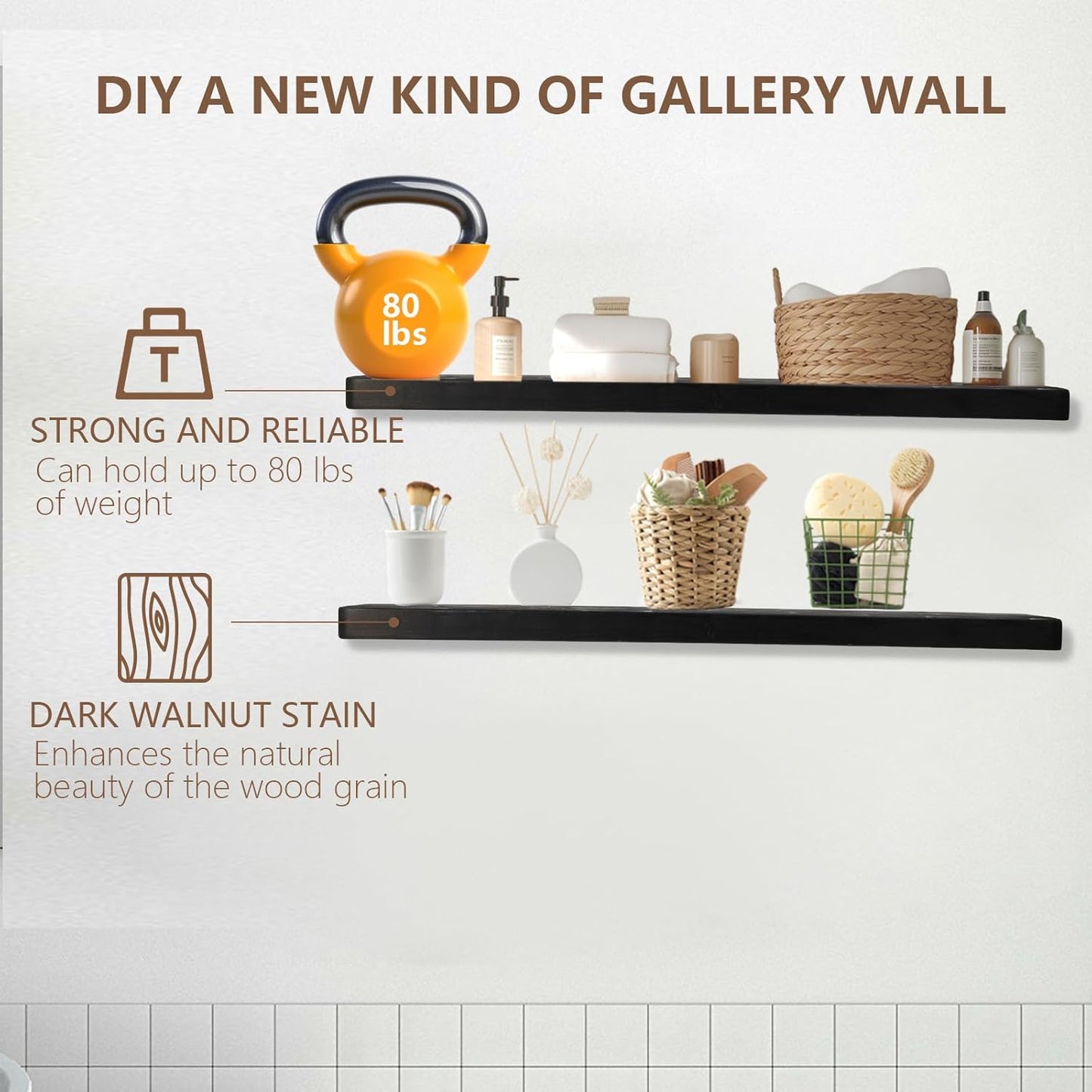 Solid Wood Floating Shelves Set of 2 - Natural, Warp & Crack Resistant 17.72 Inch Wall Shelf with Invisible Brackets Thicker, More Durable for Bathroom, Bedroom, Kitchen, Living Room (Black, 17.72)