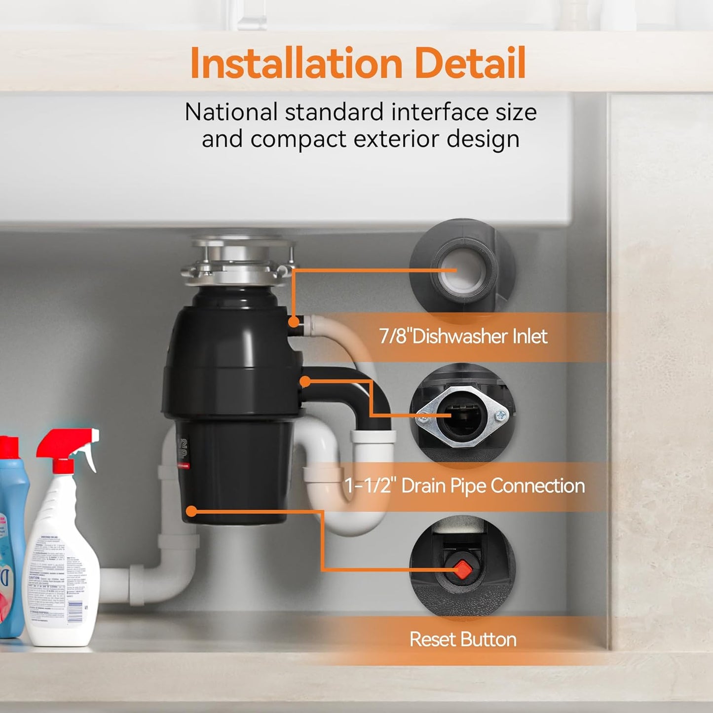 3/4 HP Garbage Disposal, TECASA Food Garbage Disposal with Power Cord, Stainless Steel Grinding System and 3-Bolt Mounting, Continuous Feed Garbage Disposals, Quiet, Taskmaid Series 75