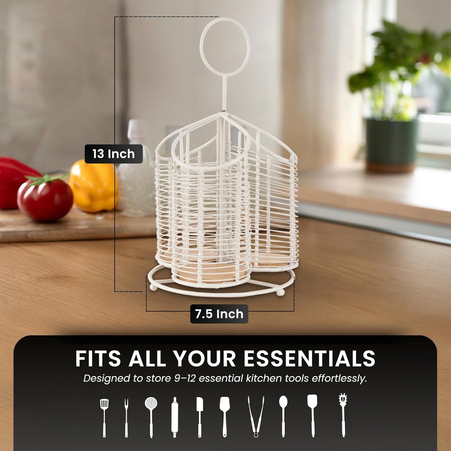 360° Rotating Kitchen Utensil Holder- 3 Compartment Organizer with Cork Bottom | Includes Premium 9-Piece Acacia Wood Utensil Set | Professional Luxury Design | Metal Utensil Crock (Matte white)