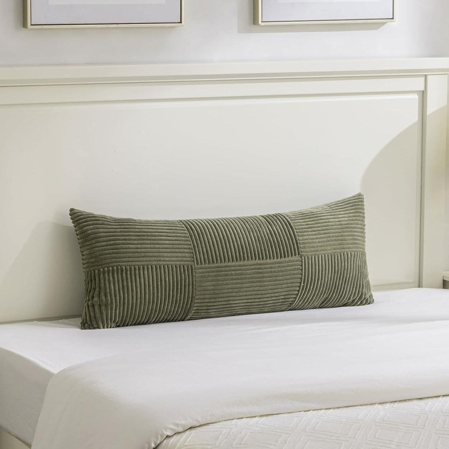 Fancy Homi Set of 2 Olive Green Boho Long Lumbar Body Decorative Throw Pillow Cover 14x36 Inch for Bed Couch Bedroom Bench, Soft Patchwork Corduroy Textured Pillow Case, Rustic Farmhouse Room Décor