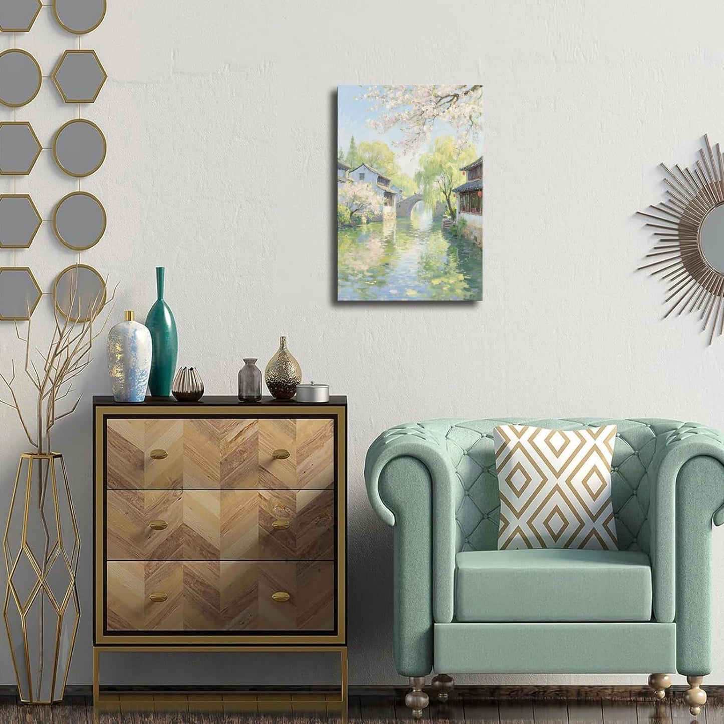 Small bridge stream house Jiangnan style landscape poster suitable for living room bedroom office natural oil painting poster