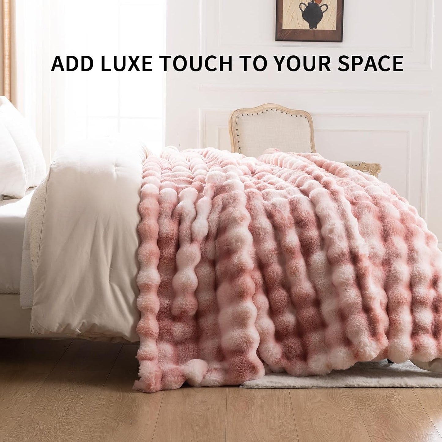 Cozy Faux Fur Throw Blanket for Couch-Warm Fuzzy Throw Blanket, Soft Plush Thick Bubble Blankets for Bedroom and Living Room, Furry Luxury Blanket, 90 x 90, Tie-Dye Pink
