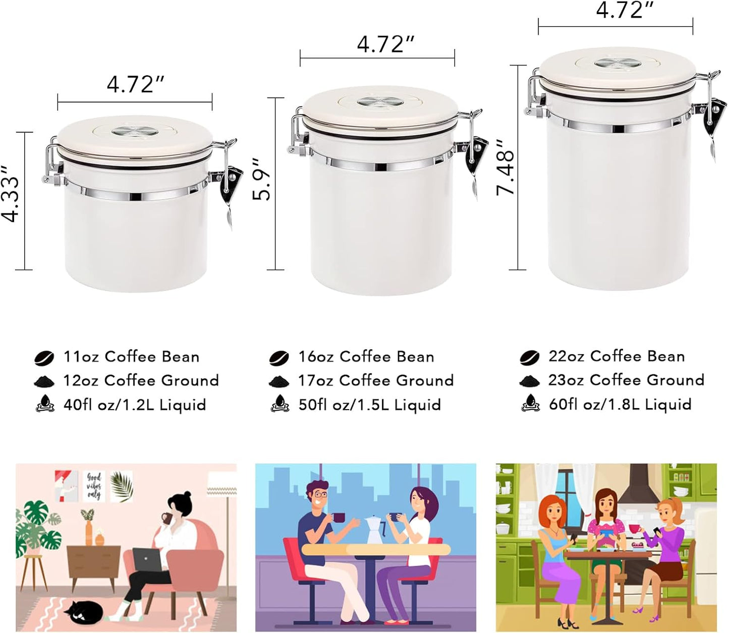 ShanSon Coffee Canister Airtight Coffee Container Stainless Steel Coffee Bean Storage Container with CO2 Release Valve and Scoop Coffee Canister for Beans,Grounds,Sugar,Flour,Tea,Cereal,22OZ,Off-White