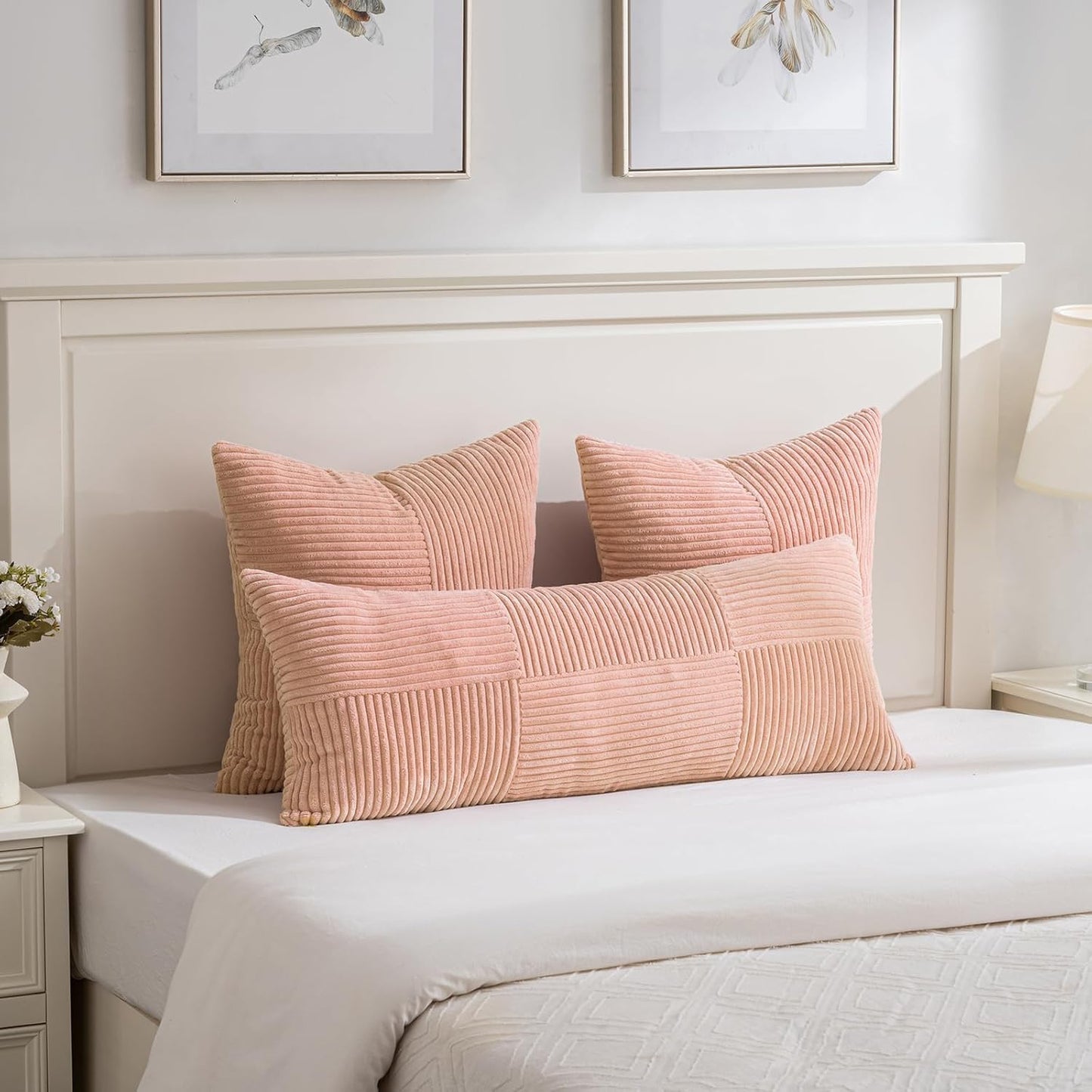 Fancy Homi 2 Packs Peach Euro Decorative Throw Pillow Covers 26x26 Inch for Couch Bed Sofa, Rustic Farmhouse Boho Home Decor, Soft Corss Corduroy Patchwork Textured Square Cushion Case 66x66 cm