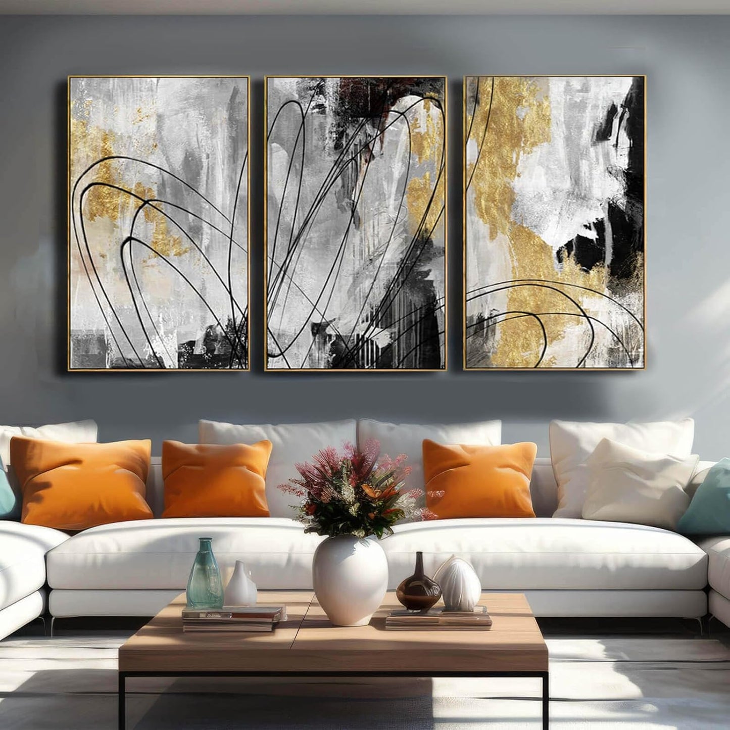 YJYart Gold Wall Art Abstract Wall Art Living Room Decor Black and White Canvas Picture Home Decor Wooden Frame Line Paintings Modern Artwork Office Decor 24"x 36"x 3 Pieces