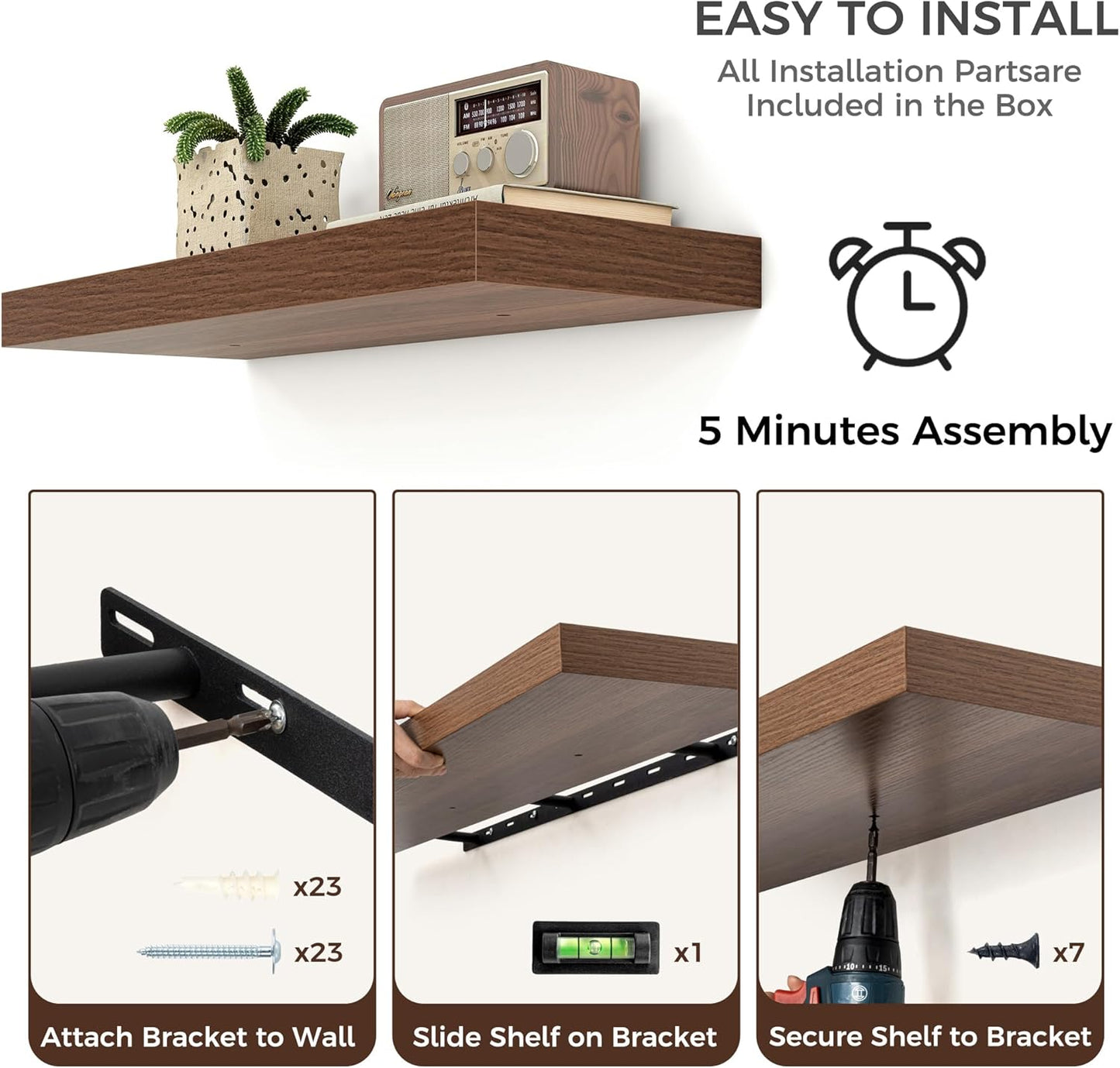 Floating Shelves - 2 Large Wall Mounted Shelves with Invisible Brackets, Long Walnut Wood Floating Wall Shelf for Living Room, Bedroom, Kitchen (48" W x 9" D x 1.5" H)