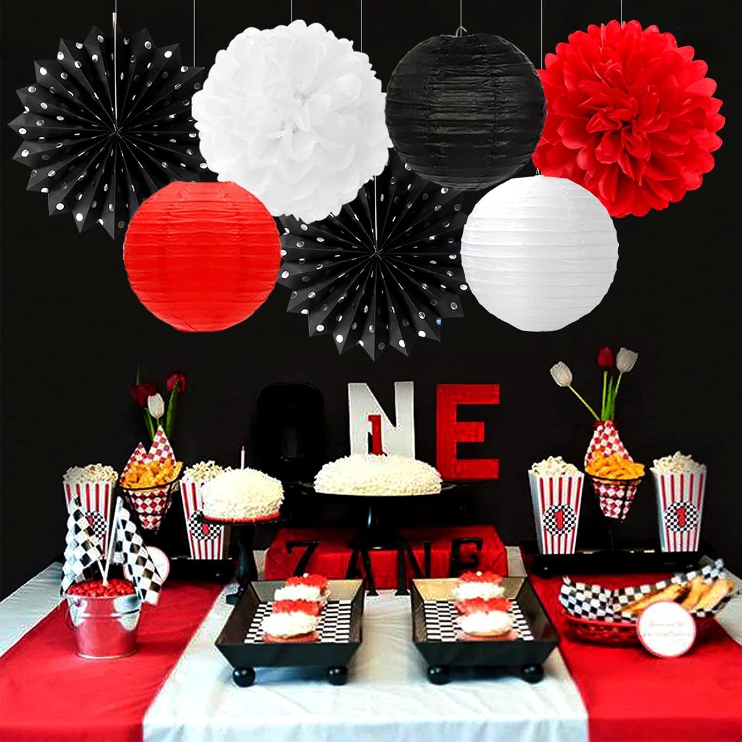 Black White-Red Party-Decorations Streamers Lanterns - 14pcs Birthday Graduation 2025 Paper Honeycomb Fan,Tissue Pom Poms,Men Women Wedding Baby Shower Backdrop Supplies Decor Ouruola
