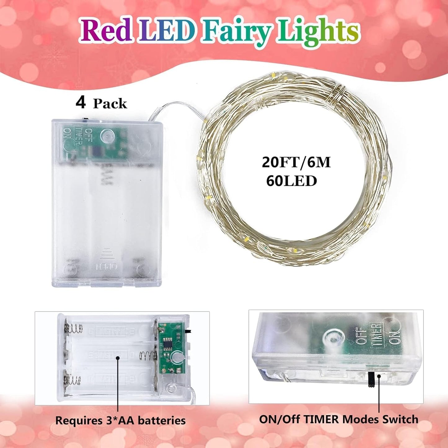 Red and Green Christmas String Lights,4 Pack Fairy Lights Battery Operated with Timer Christma Light for Outdoor/Indoor Waterproof,Twinkle Light for Bedroom Home Wedding DIY Christmas Decorations