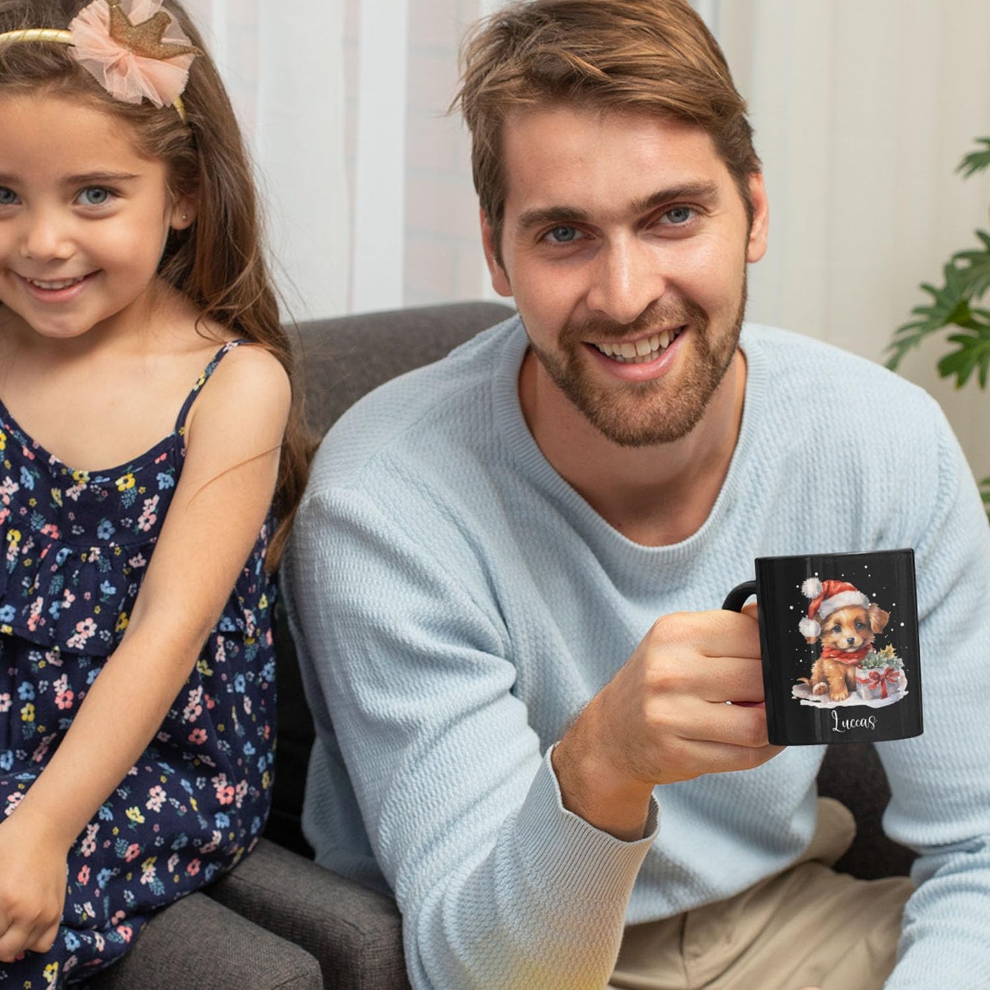 Personalized Name Christmas Puppy Cup - Novelty Coffee Mug 11oz 15oz, Customized Santa Hat Design, Custom Pet Owner Black Ceramic Cup, Gift for Christmas, Puppy Lover