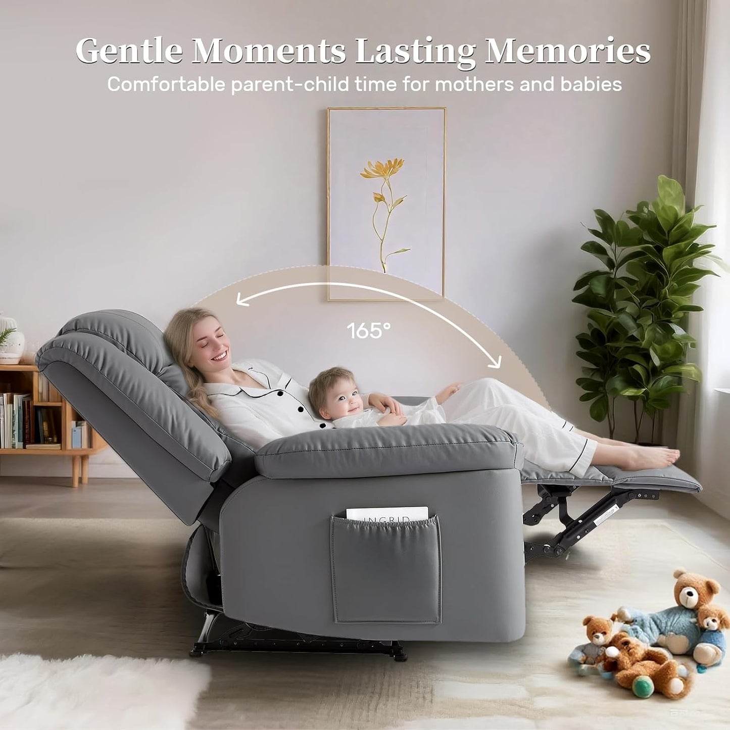 Recliner Chair with Massage & Heat, 8 Vibration Points, 5 Modes, 115-165° Reclining, Manual Recliner for Adults, Timer & Intensity Control, Faux Leather Massage Chair with Side Pocket for Living Room